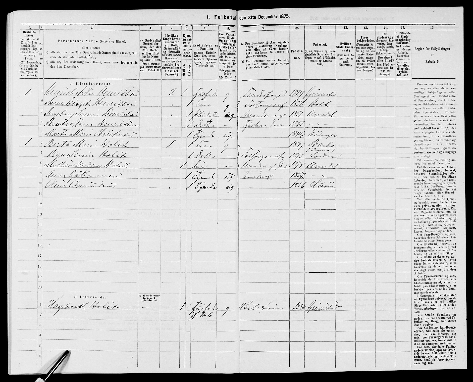 SAK, 1875 census for 0903P Arendal, 1875, p. 824