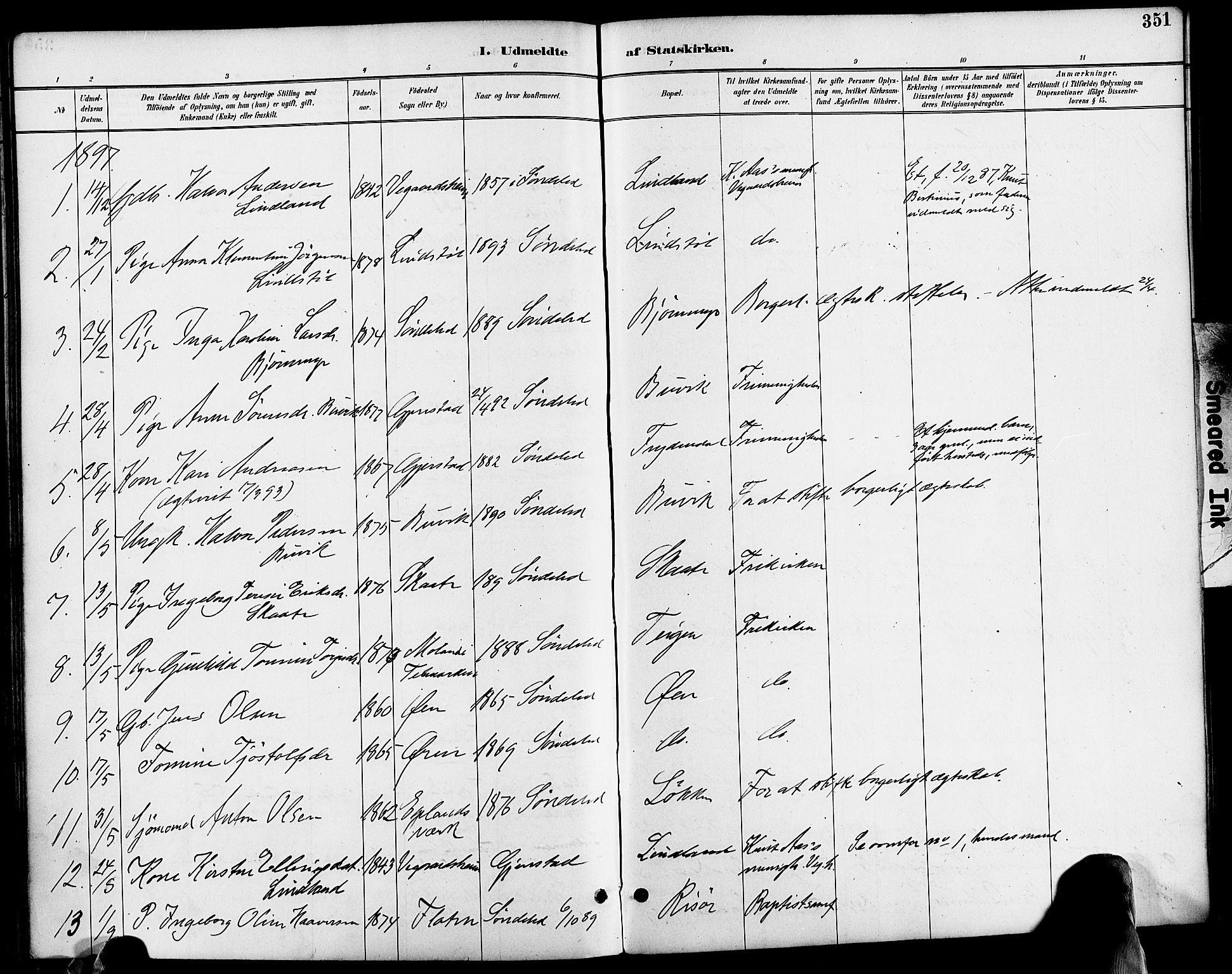 Søndeled sokneprestkontor, SAK/1111-0038/F/Fa/L0005: Parish register (official) no. A 5, 1889-1899, p. 351