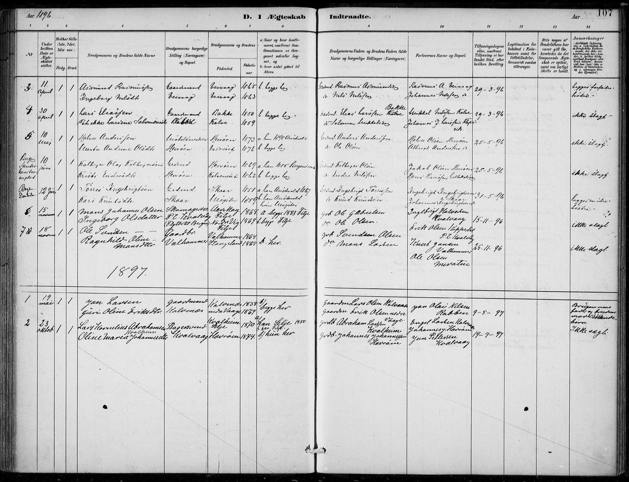 Sund sokneprestembete, AV/SAB-A-99930: Parish register (official) no. D 1, 1882-1899, p. 107