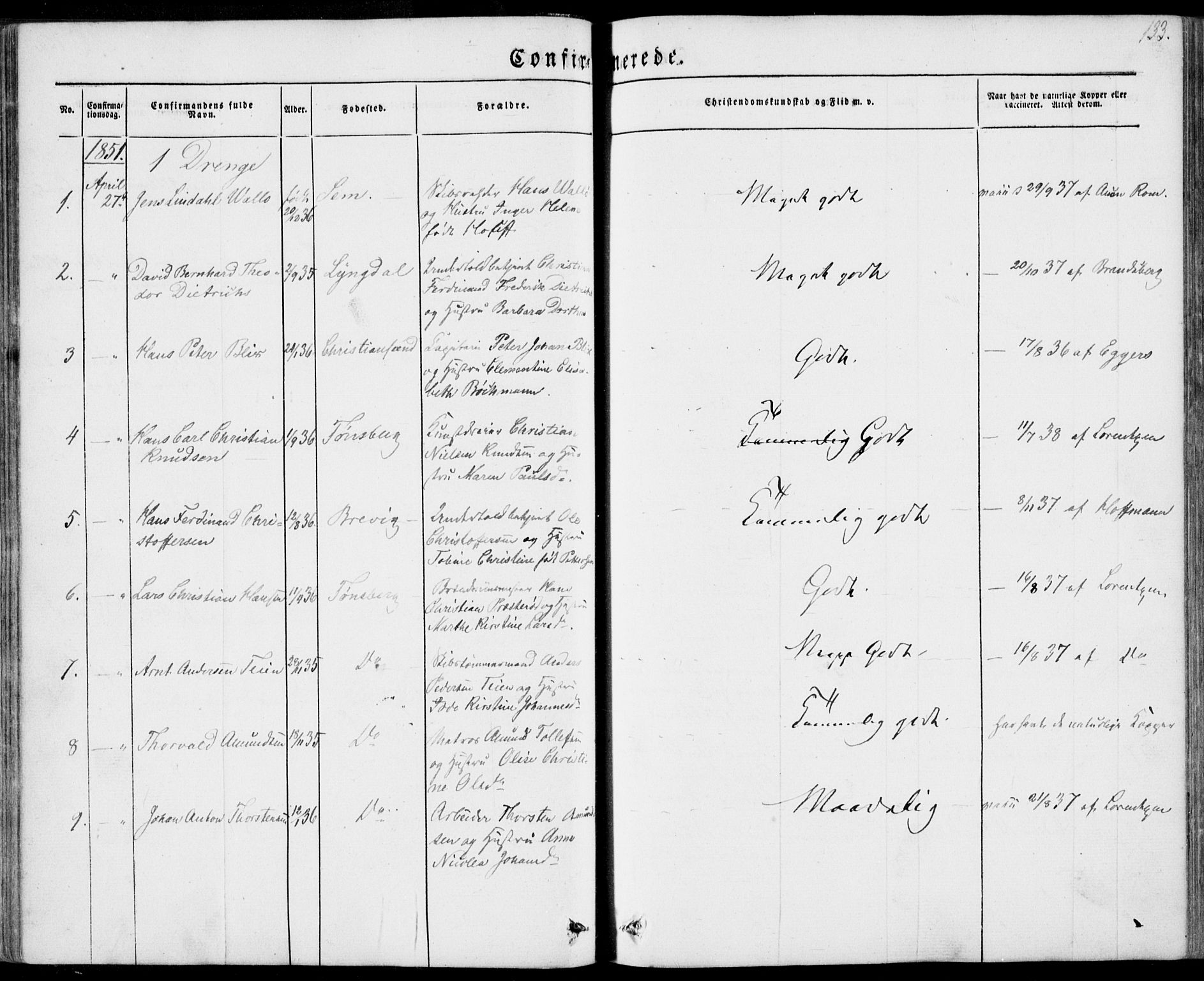 Tønsberg kirkebøker, SAKO/A-330/F/Fa/L0007: Parish register (official) no. I 7, 1845-1854, p. 133