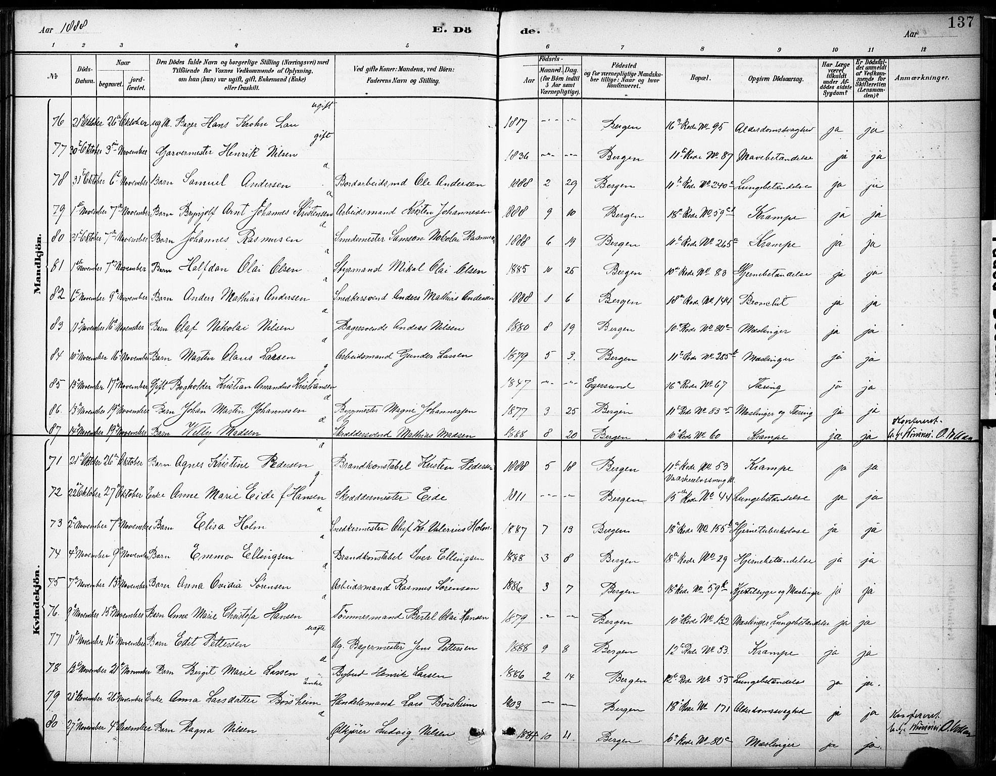 Domkirken sokneprestembete, AV/SAB-A-74801/H/Haa/L0043: Parish register (official) no. E 5, 1882-1904, p. 137