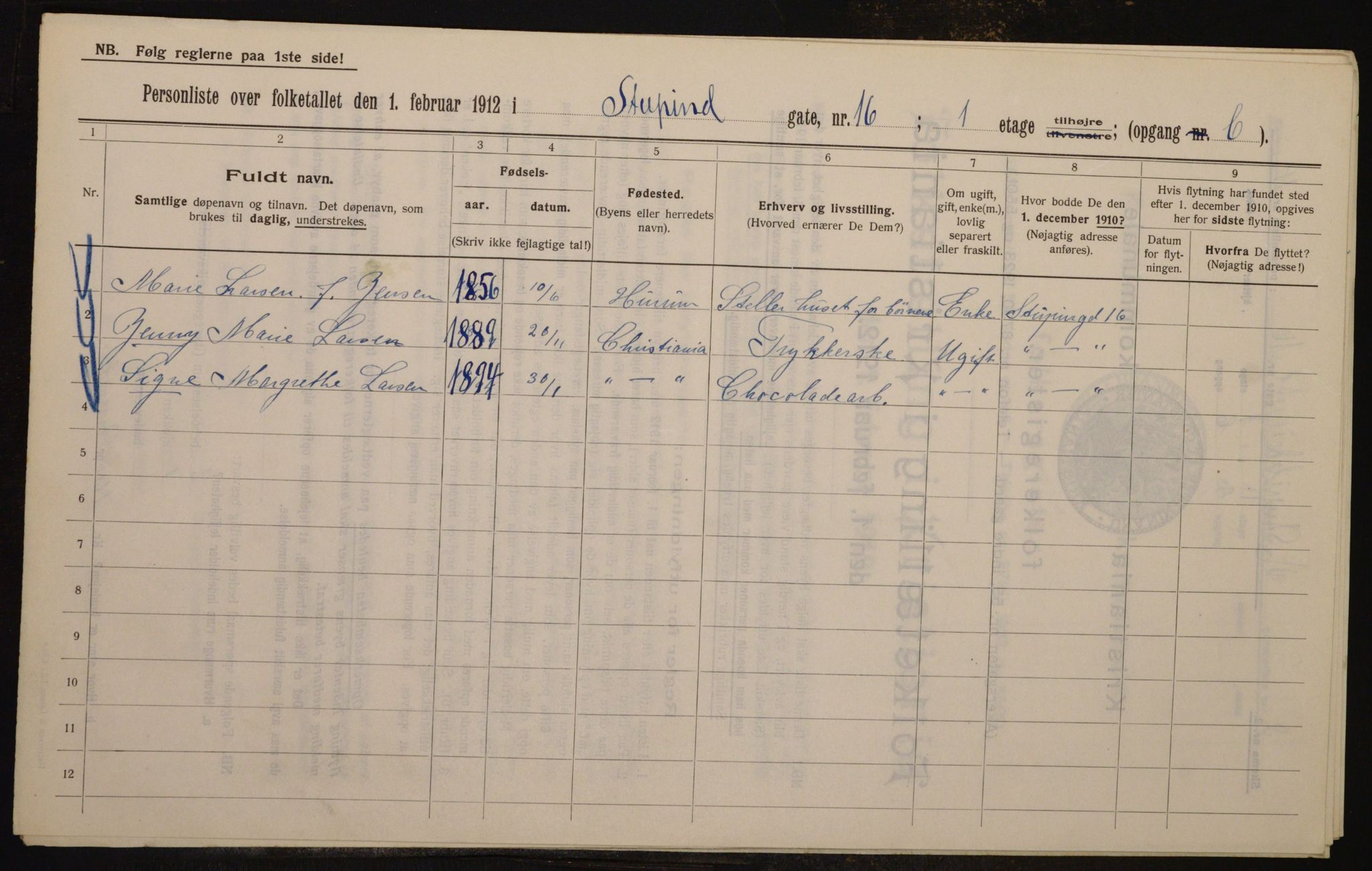 OBA, Municipal Census 1912 for Kristiania, 1912, p. 104608