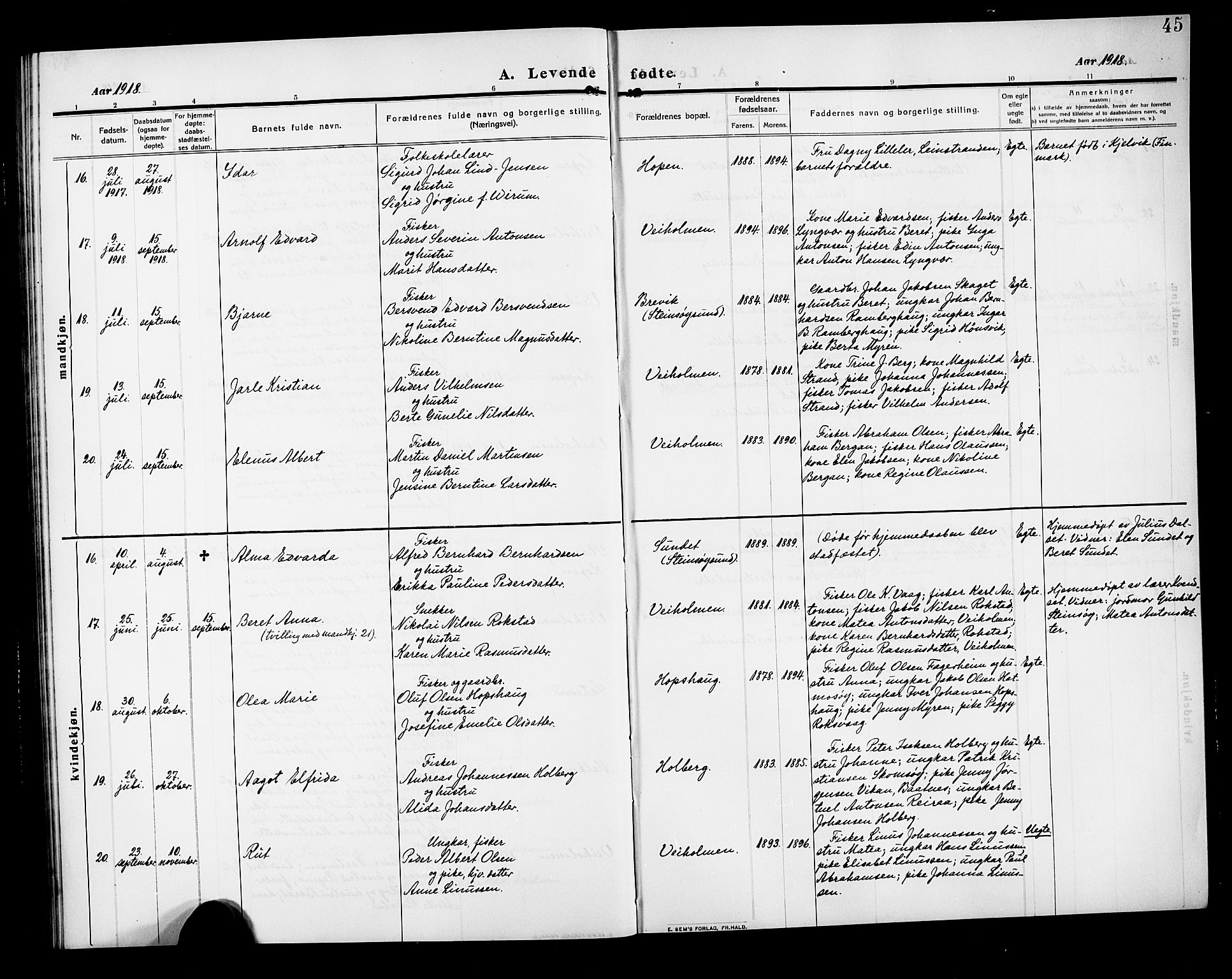 Ministerialprotokoller, klokkerbøker og fødselsregistre - Møre og Romsdal, AV/SAT-A-1454/583/L0956: Parish register (copy) no. 583C01, 1909-1925, p. 45