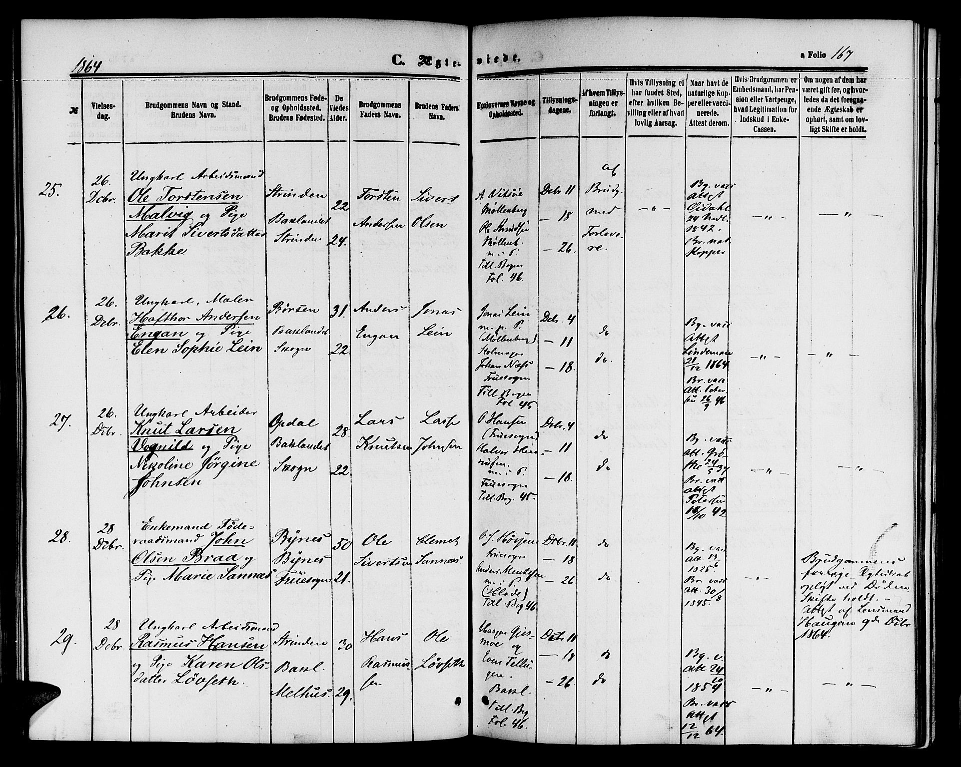 Ministerialprotokoller, klokkerbøker og fødselsregistre - Sør-Trøndelag, SAT/A-1456/604/L0185: Parish register (official) no. 604A06, 1861-1865, p. 167