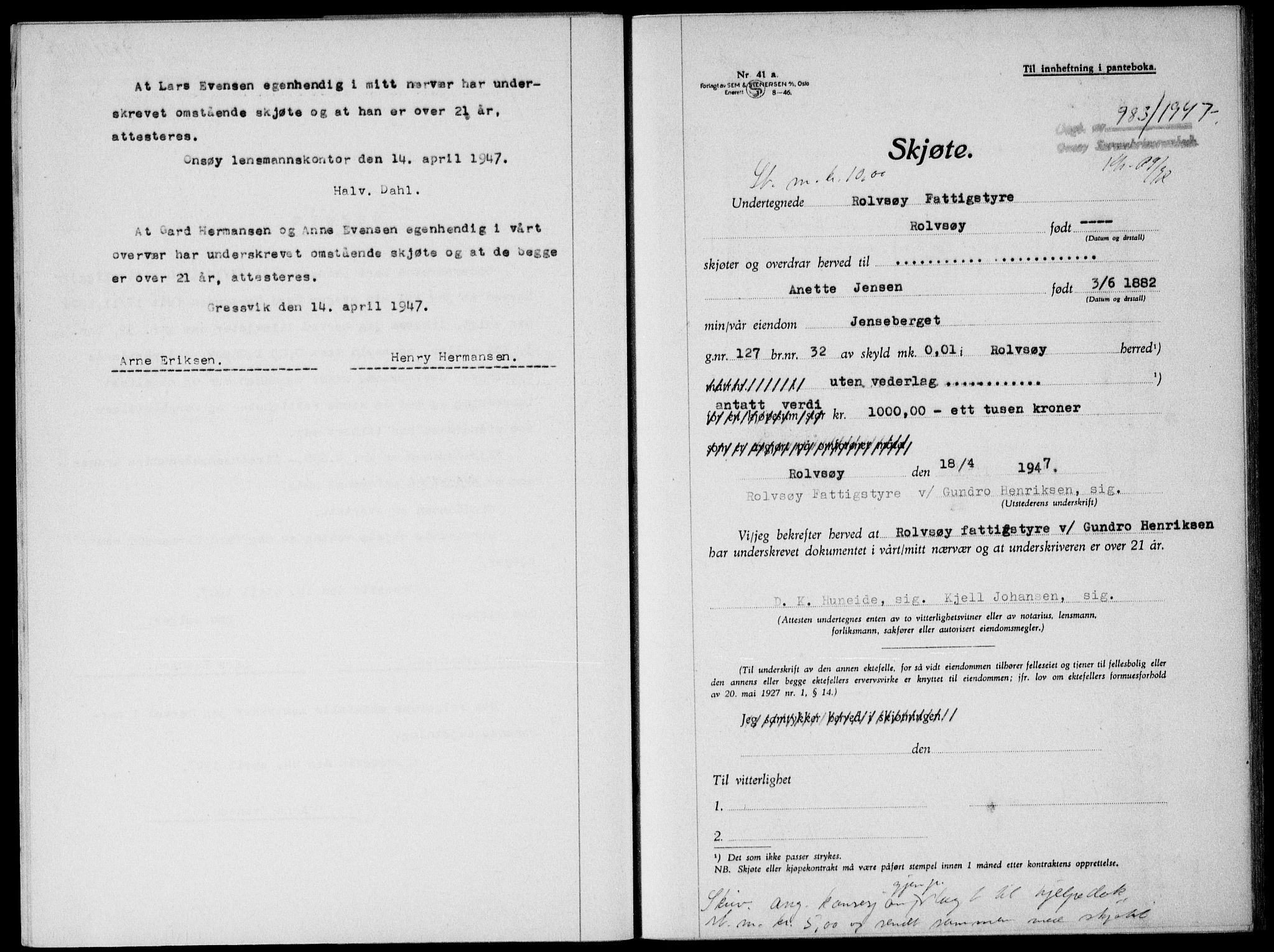 Onsøy sorenskriveri, SAO/A-10474/G/Ga/Gab/L0019b: Mortgage book no. II A-19 B, 1947-1947, Diary no: : 983/1947