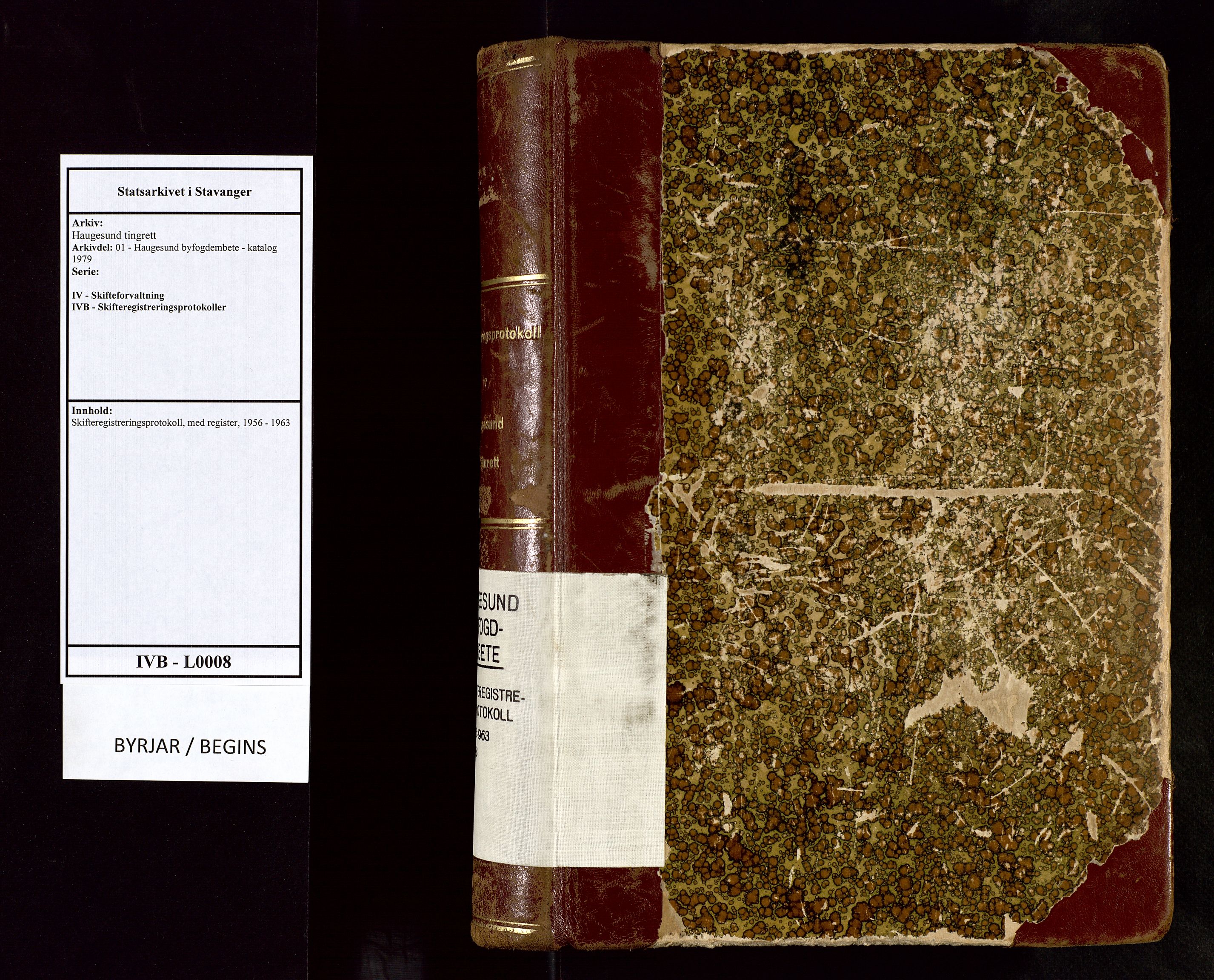 Haugesund tingrett, AV/SAST-A-101415/01/IV/IVB/L0008: Skifteregistreringsprotokoll, med register, 1956-1963