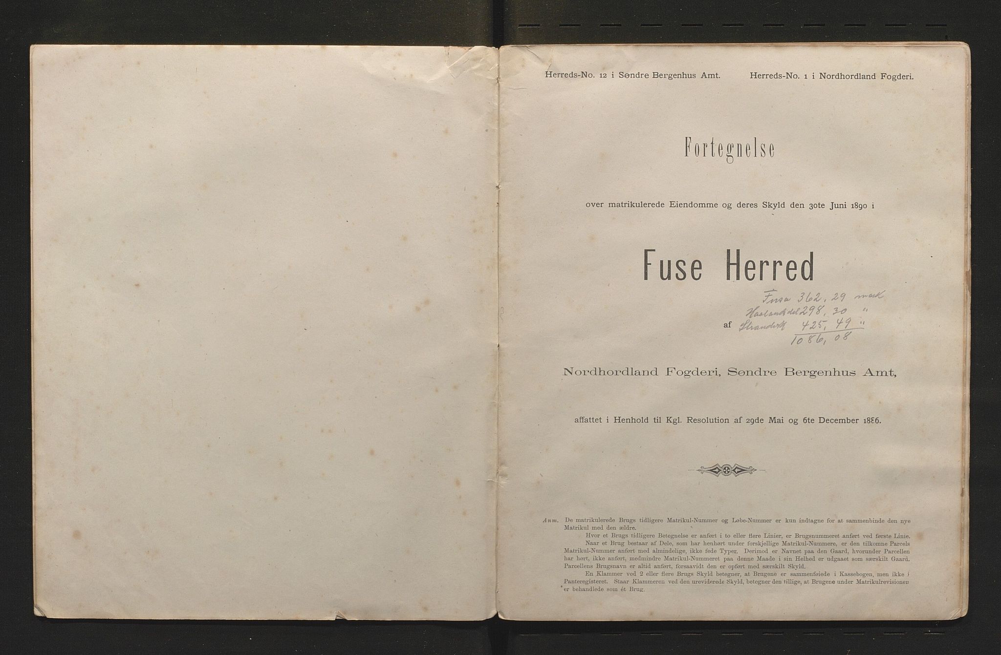 Fusa kommune. Herredskommisjonen av 1863, IKAH/1241-181/F/Fb/L0002: Matrikel, 1890