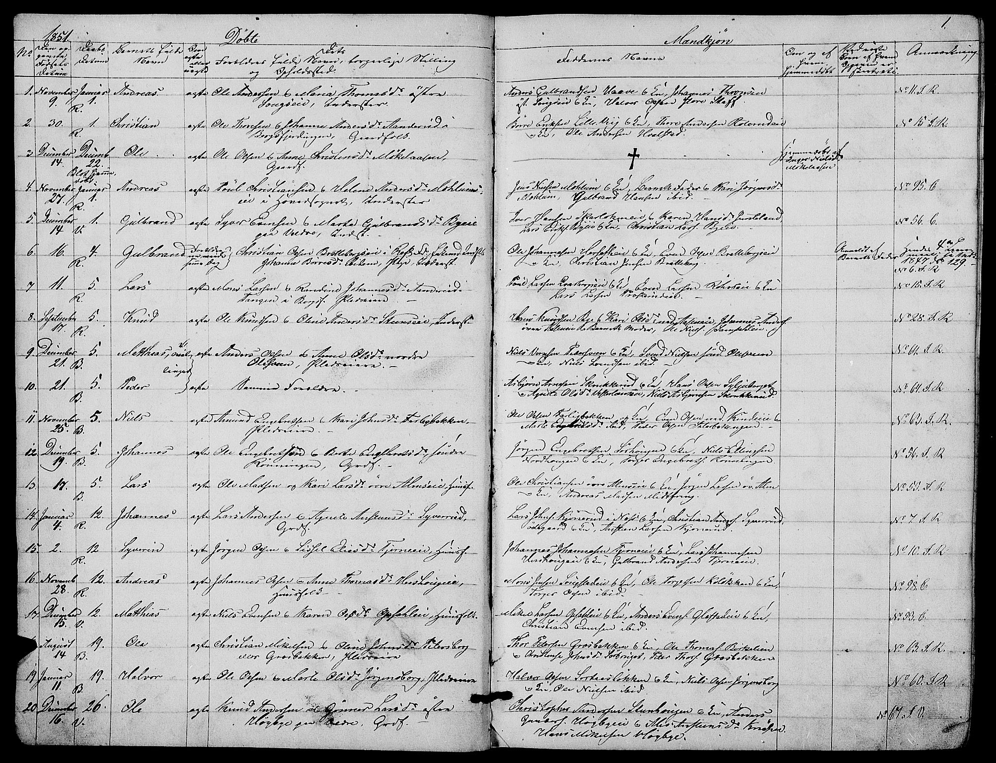 Ringsaker prestekontor, AV/SAH-PREST-014/L/La/L0006: Parish register (copy) no. 6, 1851-1860, p. 1