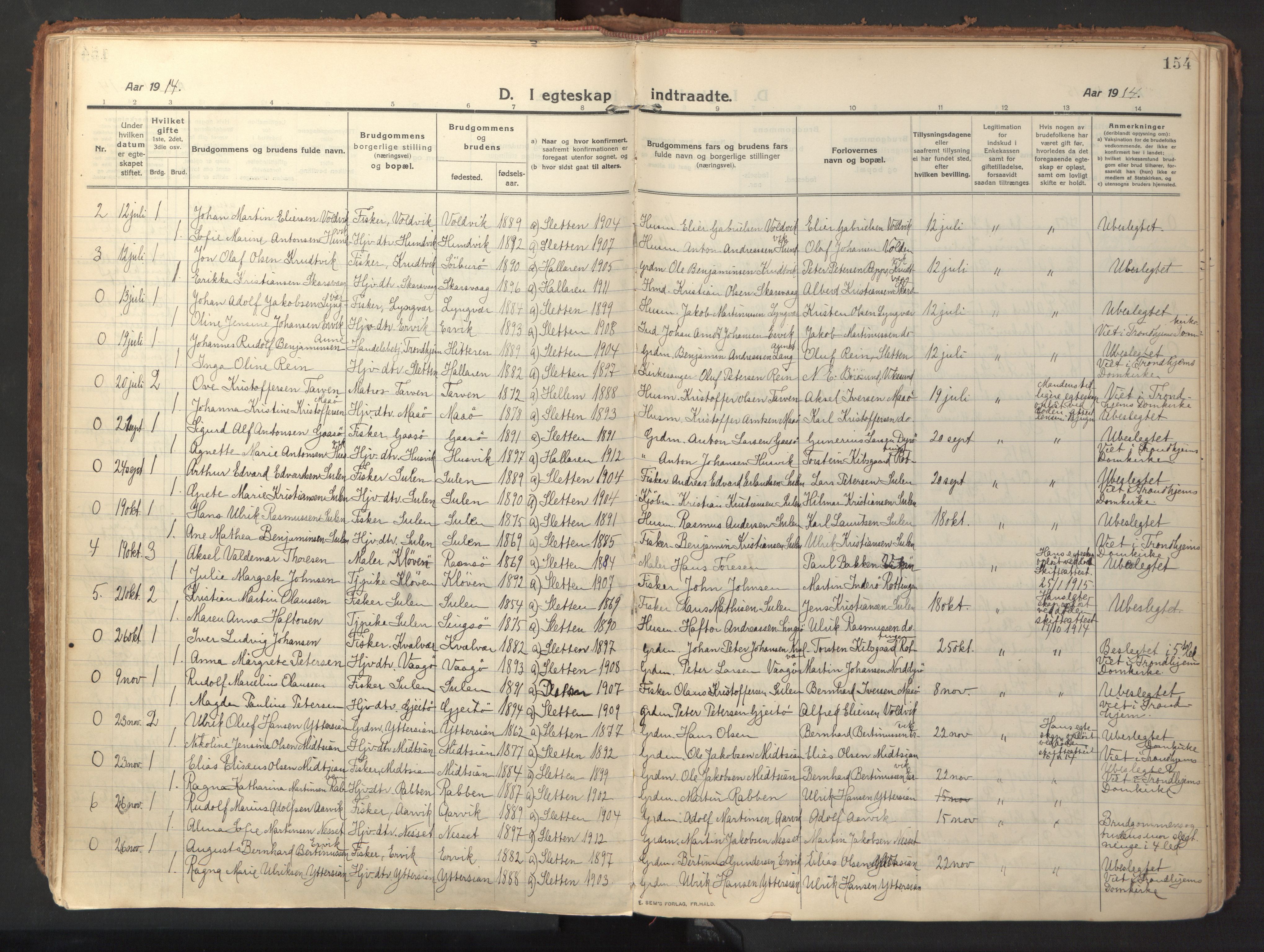 Ministerialprotokoller, klokkerbøker og fødselsregistre - Sør-Trøndelag, SAT/A-1456/640/L0581: Parish register (official) no. 640A06, 1910-1924, p. 154