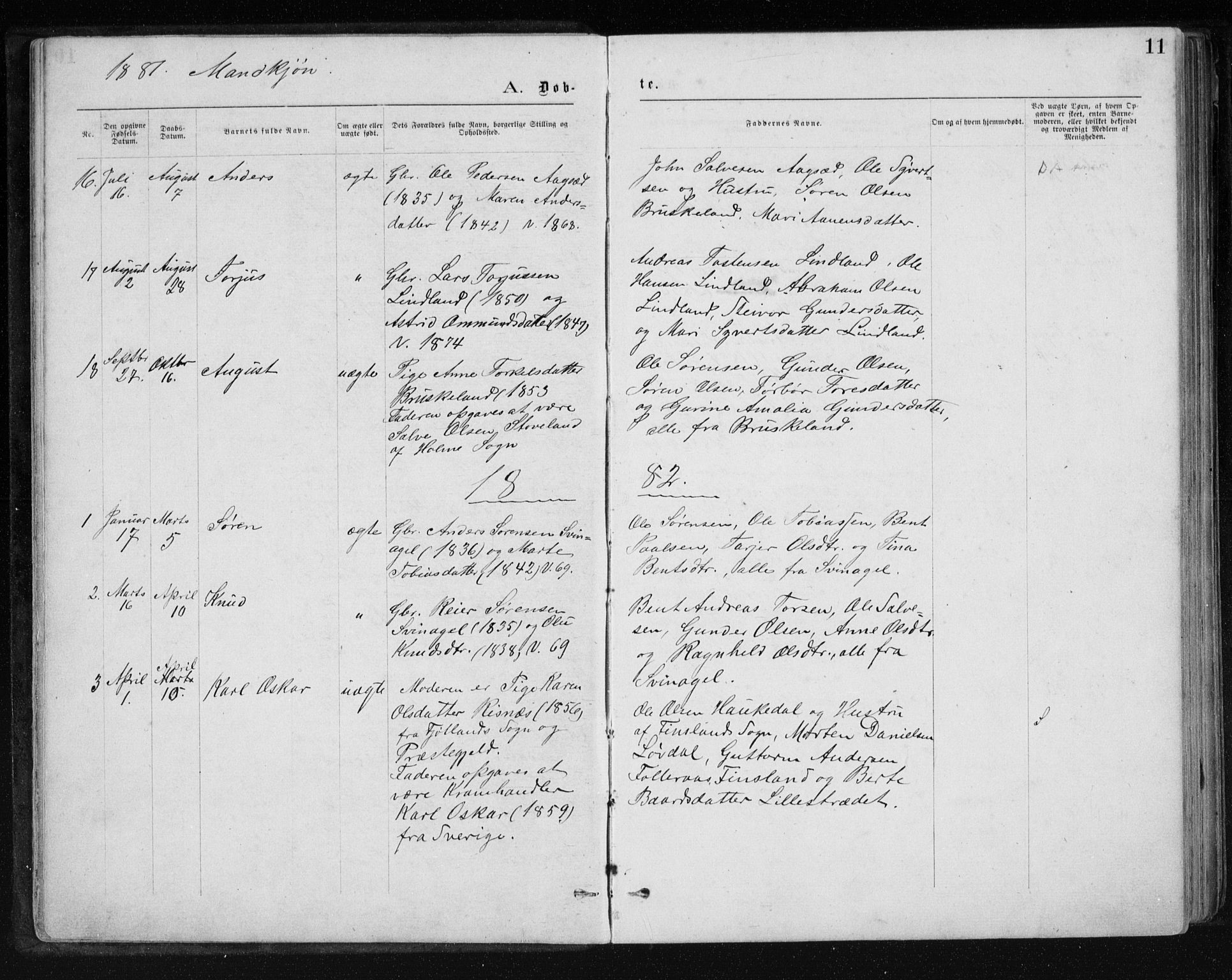 Holum sokneprestkontor, SAK/1111-0022/F/Fb/Fbb/L0003: Parish register (copy) no. B 3, 1875-1898, p. 11