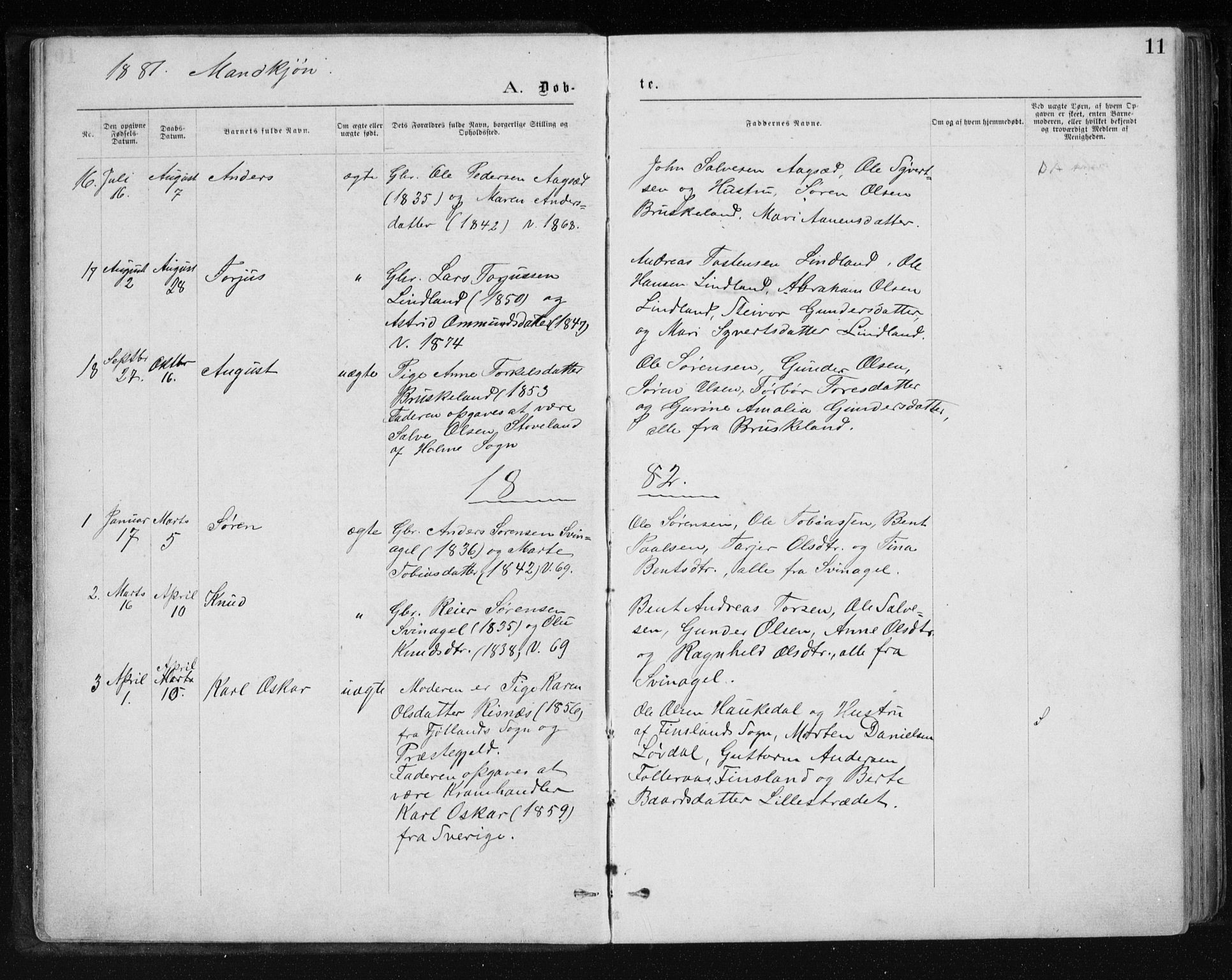 Holum sokneprestkontor, AV/SAK-1111-0022/F/Fb/Fbb/L0003: Parish register (copy) no. B 3, 1875-1898, p. 11