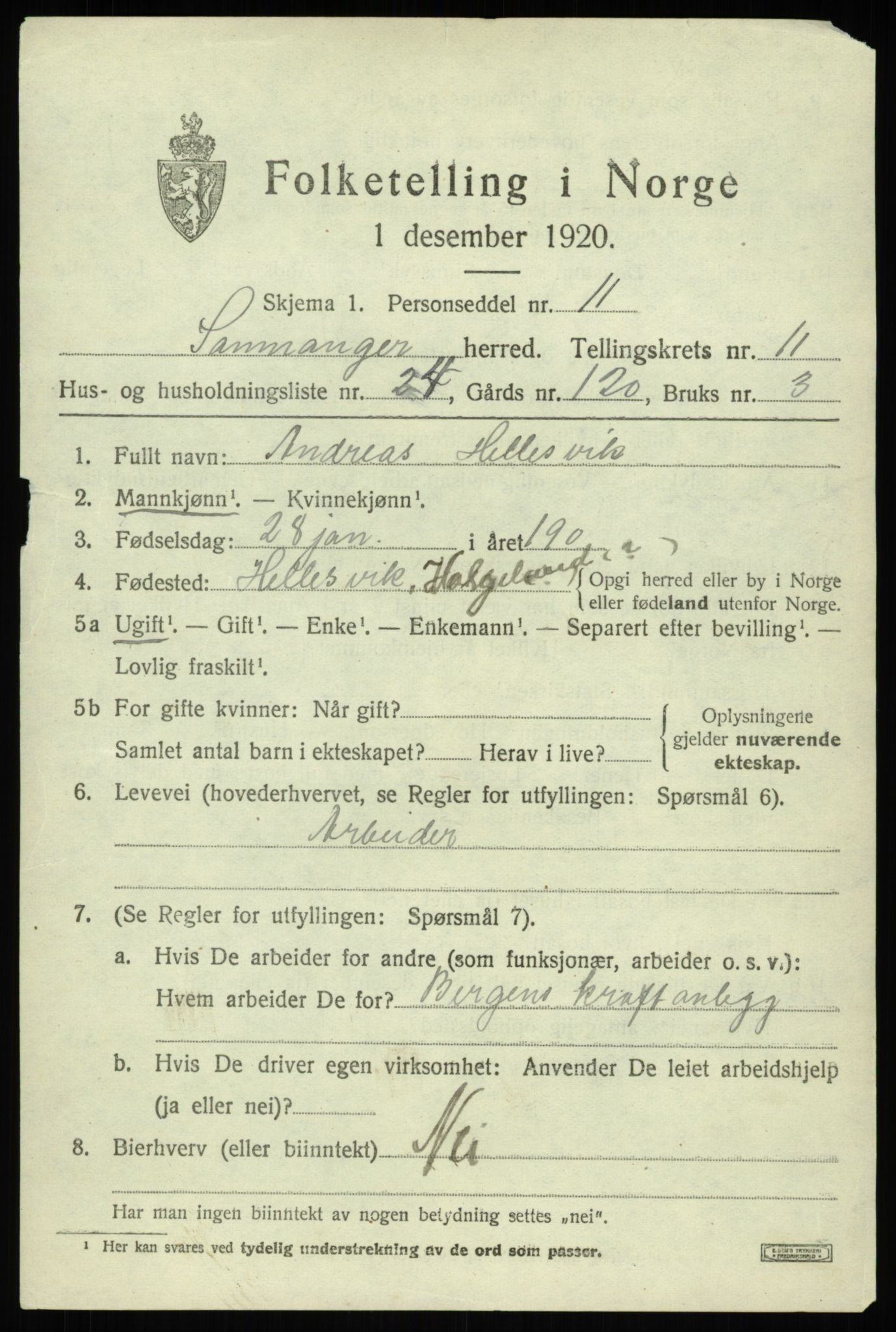 SAB, 1920 census for Samnanger, 1920, p. 4521