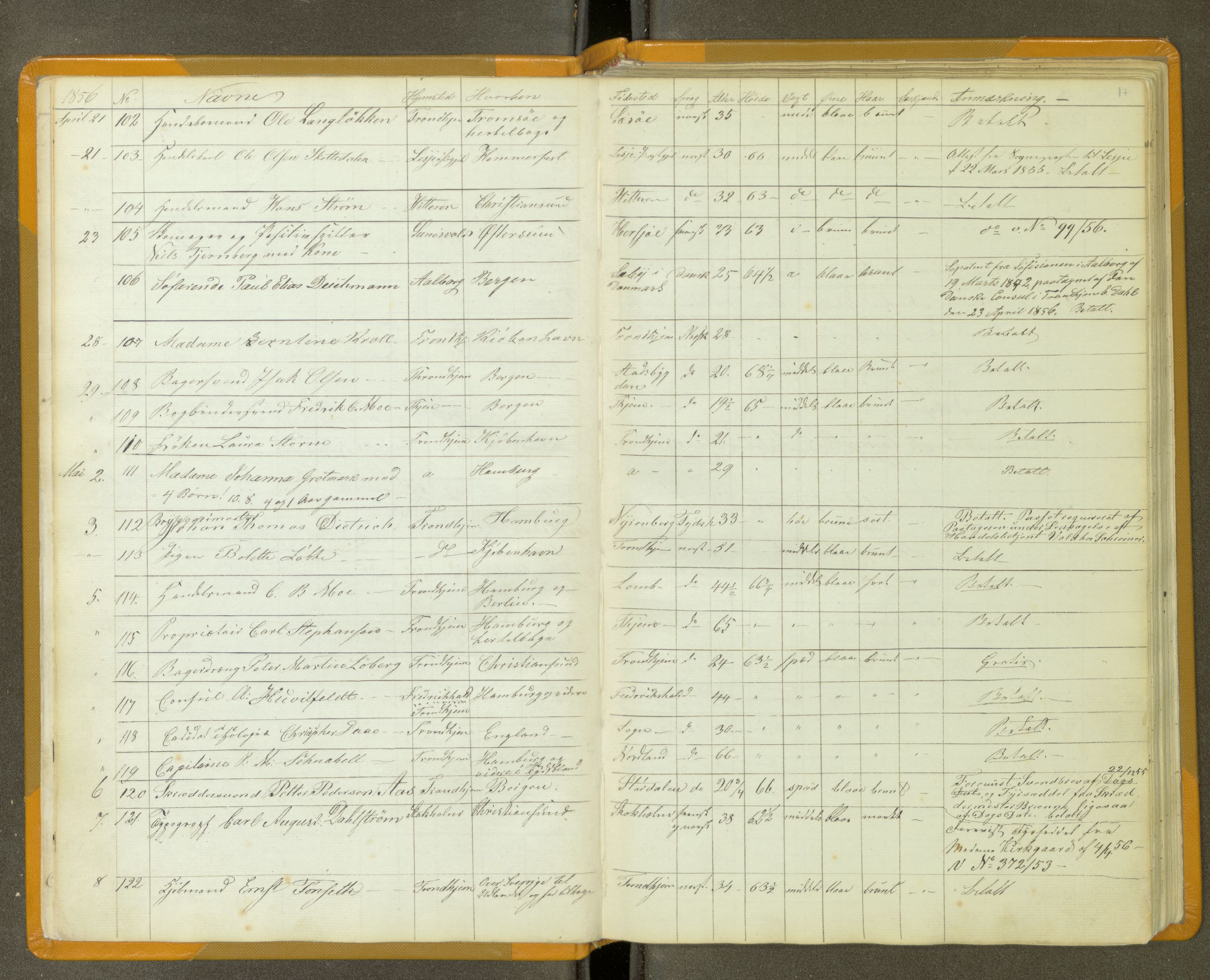 Trondheim politikammer, AV/SAT-A-1887/1/30/L0011: Passprotokoll. Utstedte pass 1855-1890. Utstede og forviste handelsbrev 1857-1860, 1855-1890, p. 16b-17a