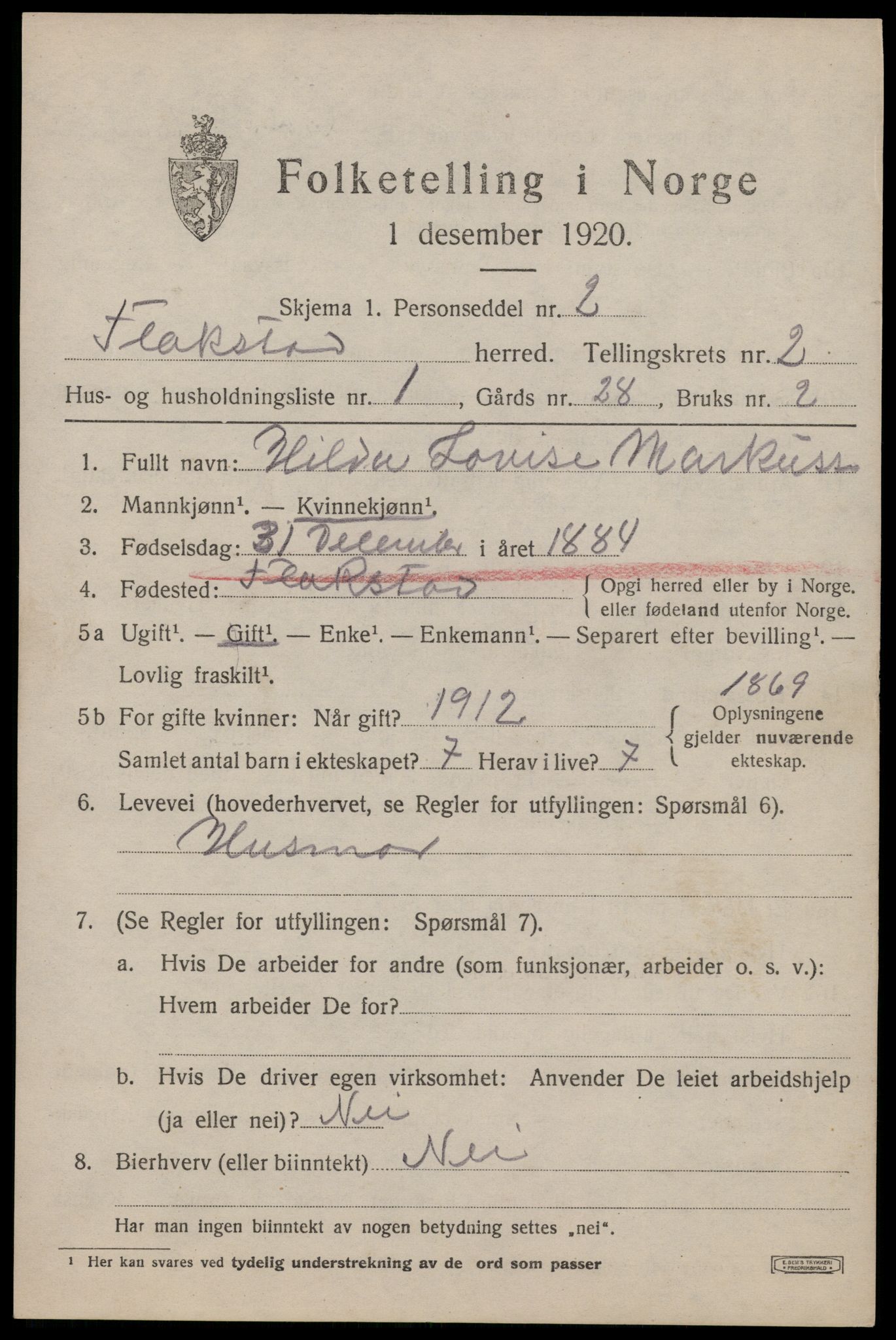 SAT, 1920 census for Flakstad, 1920, p. 1219