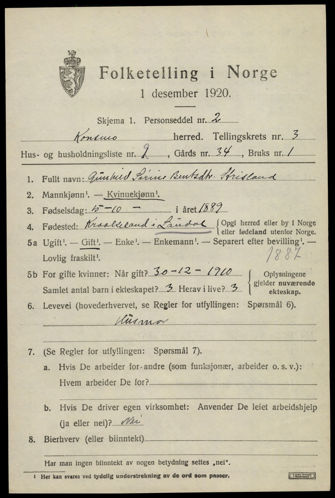 SAK, 1920 census for Konsmo, 1920, p. 1134