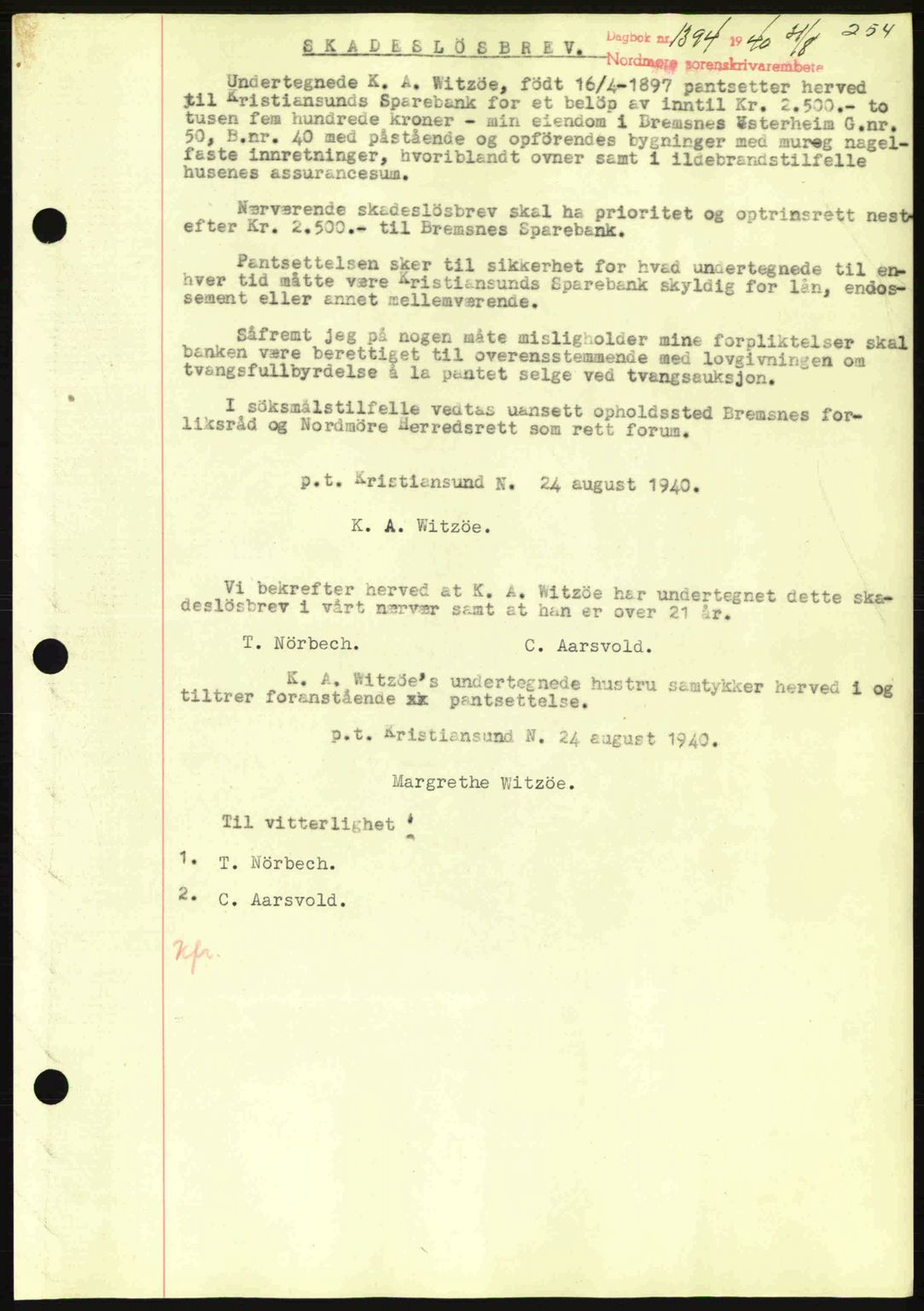 Nordmøre sorenskriveri, AV/SAT-A-4132/1/2/2Ca: Mortgage book no. B87, 1940-1941, Diary no: : 1394/1940