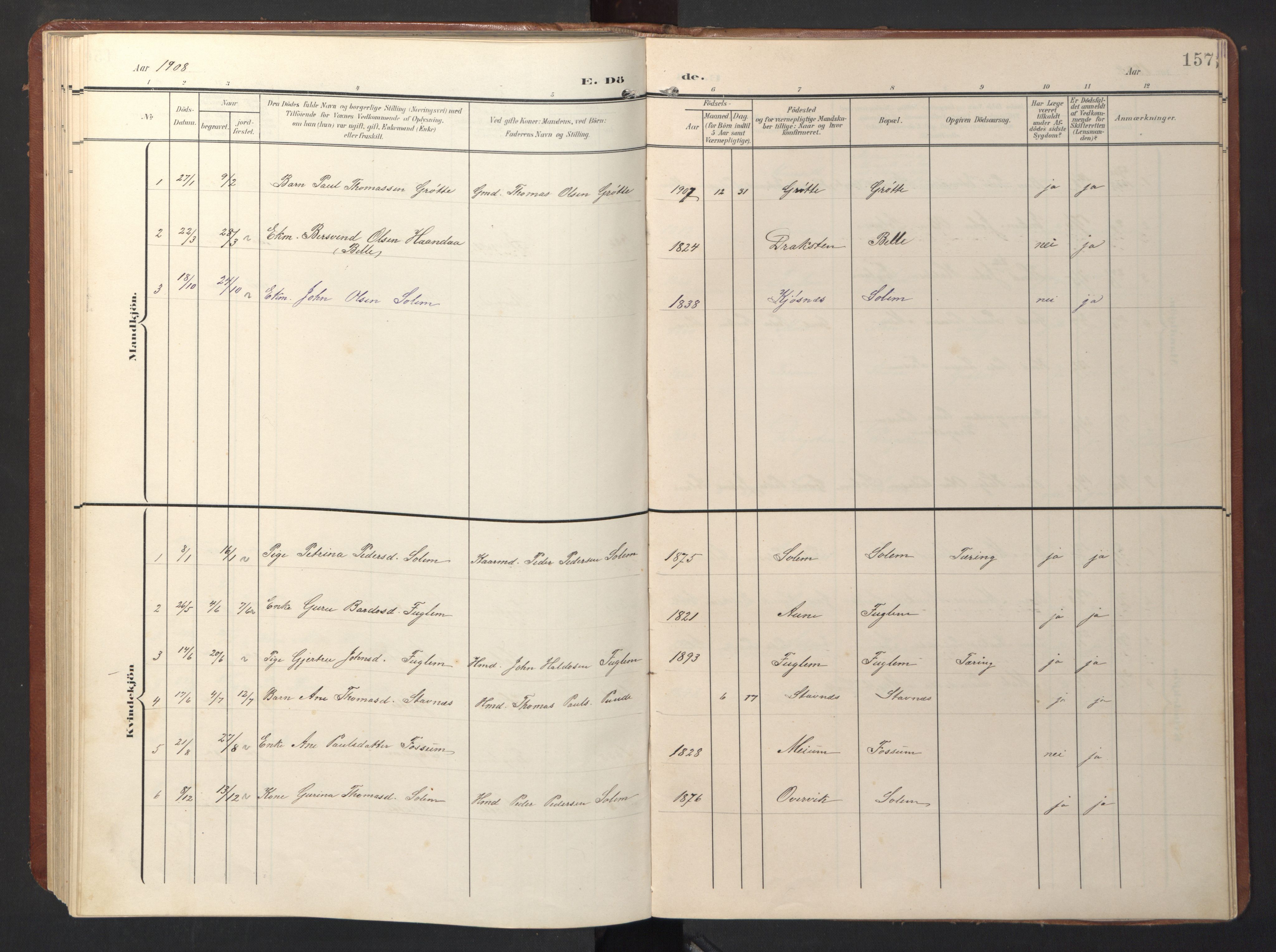 Ministerialprotokoller, klokkerbøker og fødselsregistre - Sør-Trøndelag, SAT/A-1456/696/L1161: Parish register (copy) no. 696C01, 1902-1950, p. 157