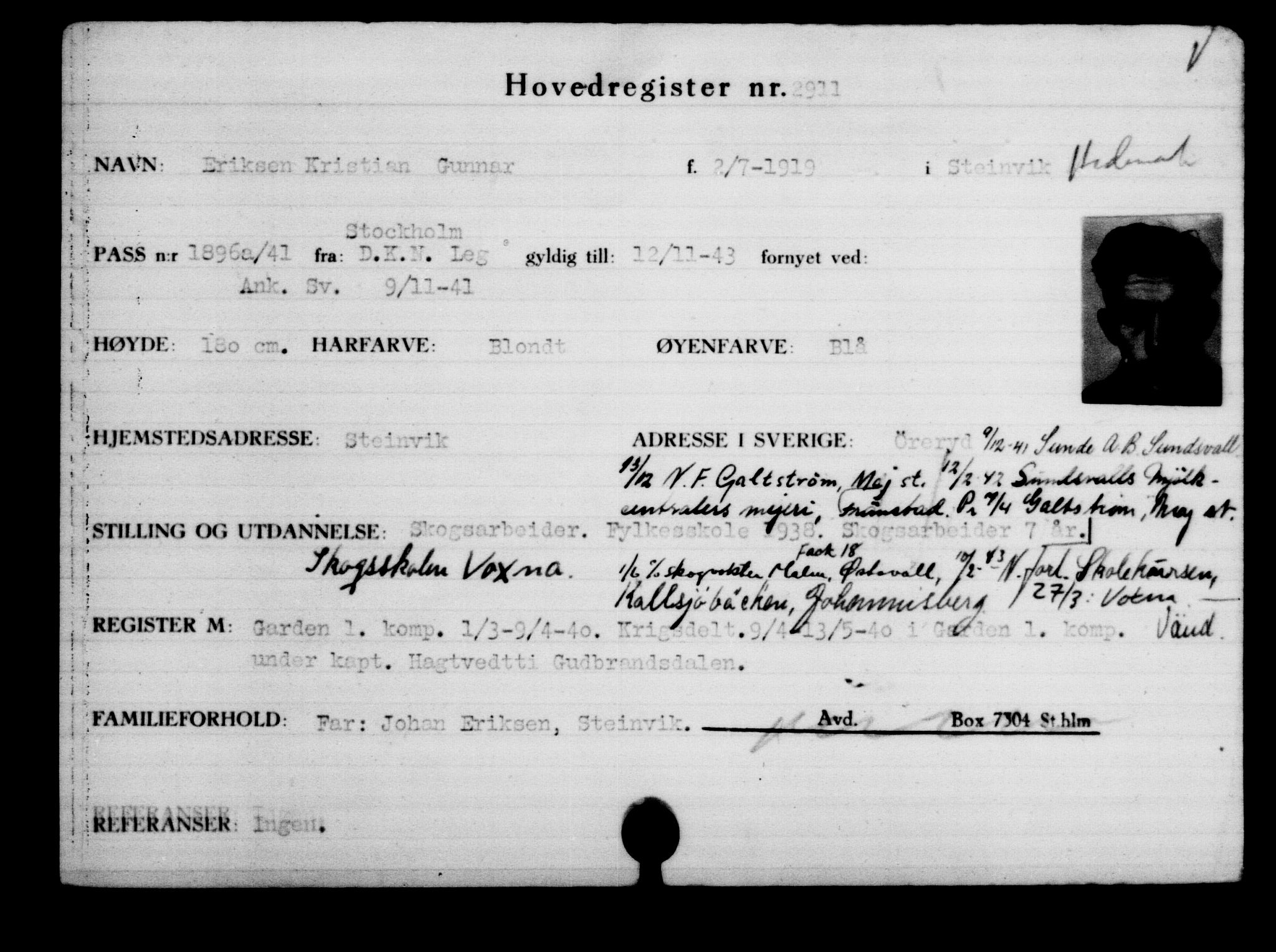 Utenriksstasjonene, Legasjonen i Stockholm, Flyktningkontoret, AV/RA-S-6753/V/Va/L0003: Kjesäterkartoteket, flyktninger med registreringsnr. 2001-3495, 1940-1945, p. 1314
