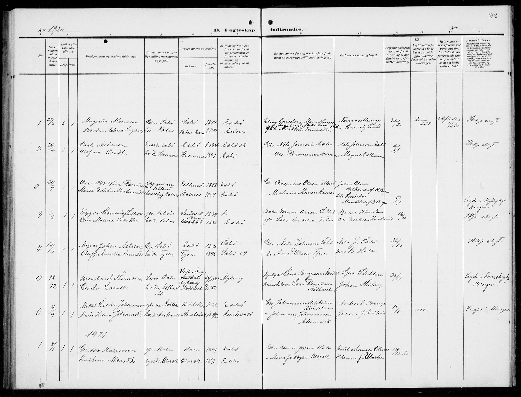 Manger sokneprestembete, AV/SAB-A-76801/H/Hab: Parish register (copy) no. D  4, 1910-1935, p. 92