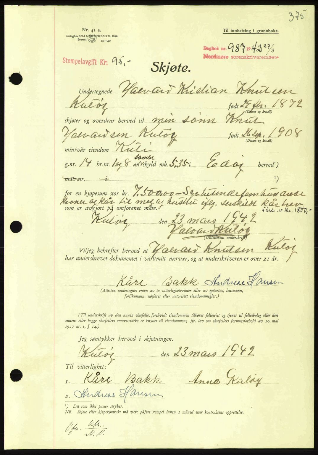 Nordmøre sorenskriveri, AV/SAT-A-4132/1/2/2Ca: Mortgage book no. A92, 1942-1942, Diary no: : 987/1942