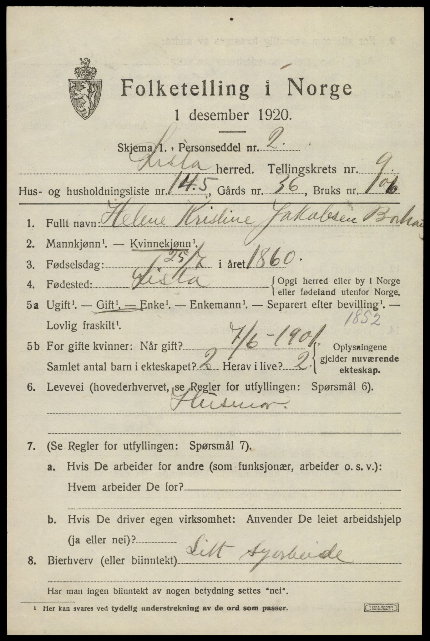 SAK, 1920 census for Lista, 1920, p. 10149