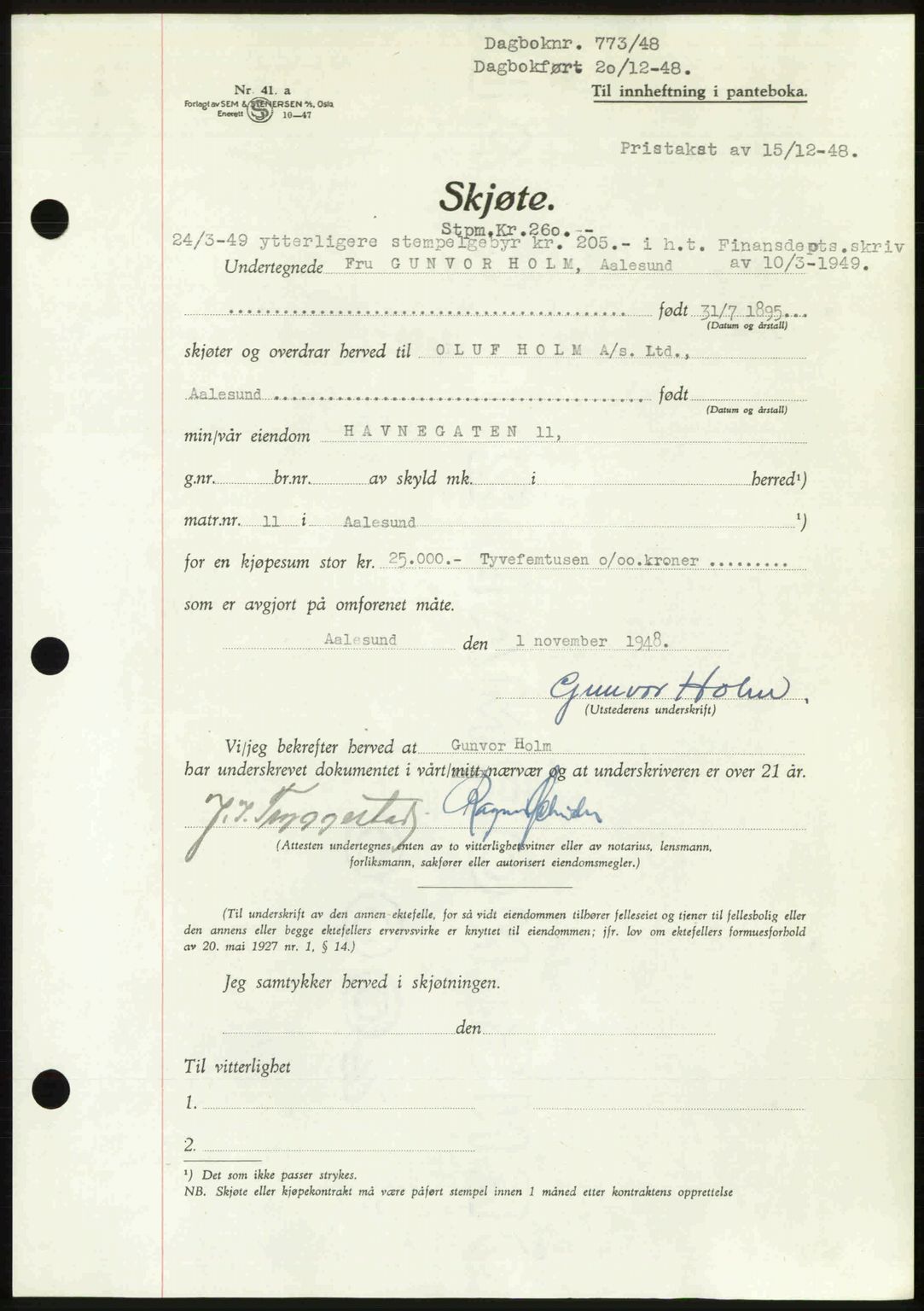 Ålesund byfogd, AV/SAT-A-4384: Mortgage book no. 37A (1), 1947-1949, Diary no: : 773/1948