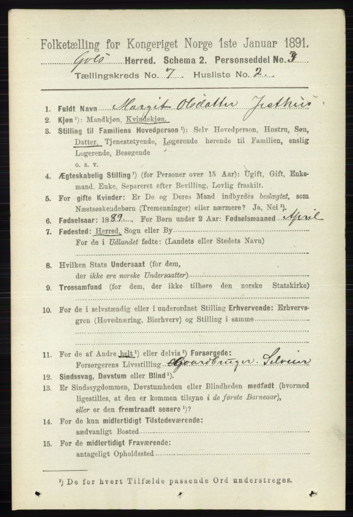 RA, 1891 census for 0617 Gol og Hemsedal, 1891, p. 2810