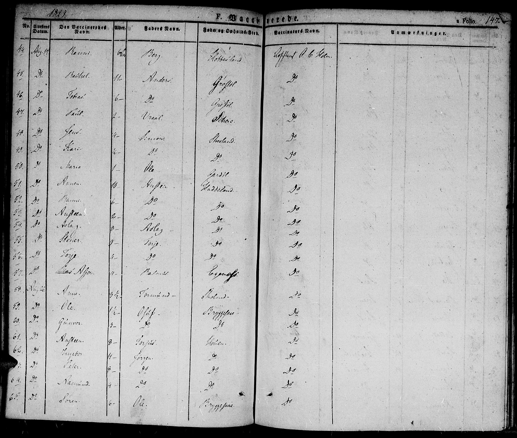 Hægebostad sokneprestkontor, AV/SAK-1111-0024/F/Fa/Fab/L0001: Parish register (official) no. A 1, 1823-1867, p. 147