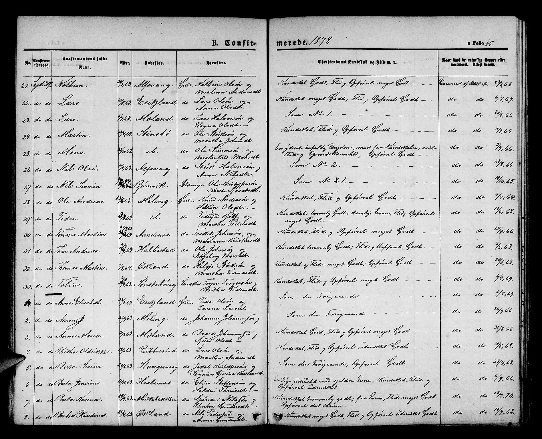Finnås sokneprestembete, AV/SAB-A-99925/H/Ha/Hab/Habb/L0002: Parish register (copy) no. B 2, 1871-1881, p. 65