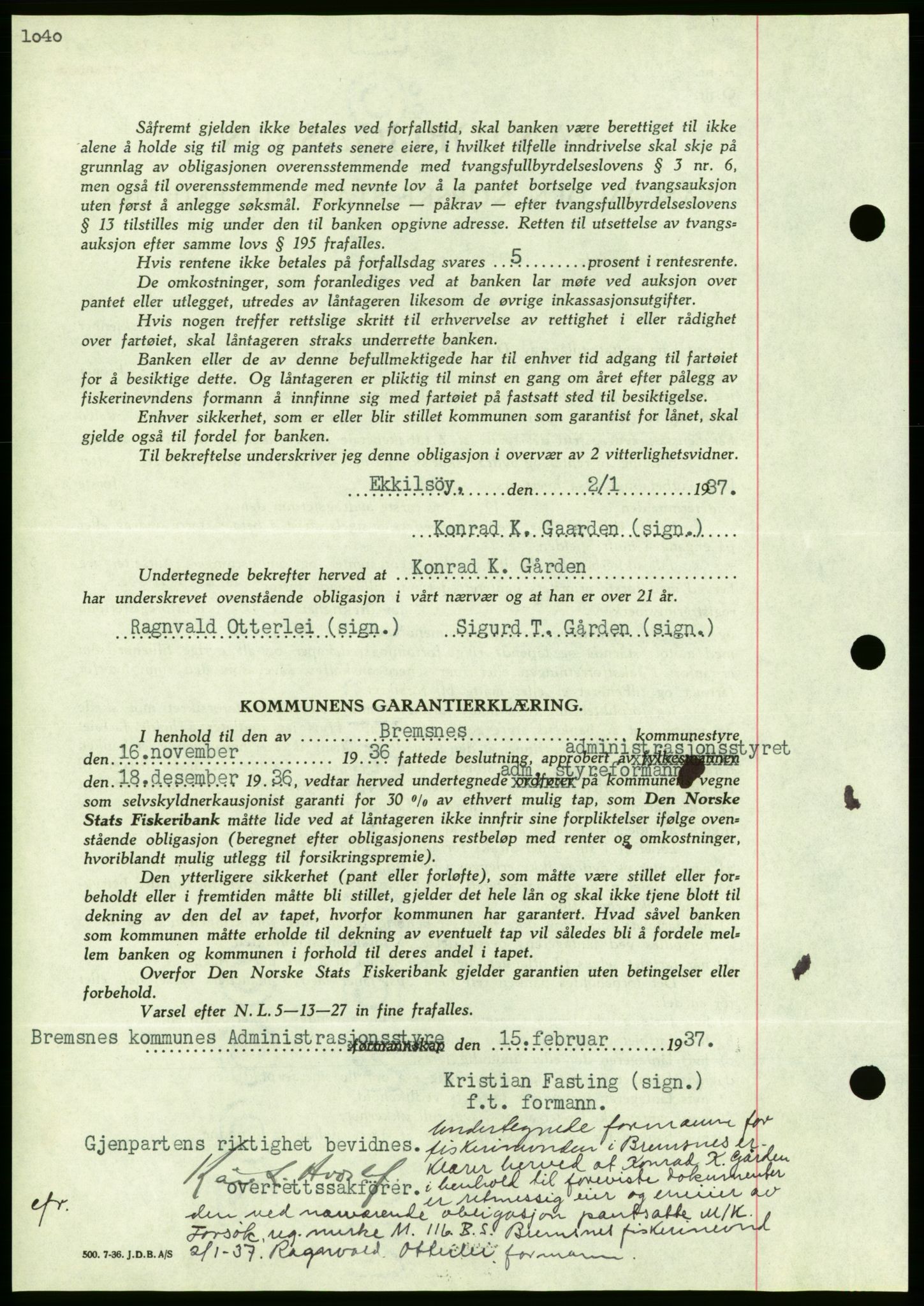 Nordmøre sorenskriveri, AV/SAT-A-4132/1/2/2Ca/L0090: Mortgage book no. B80, 1936-1937, Diary no: : 504/1937