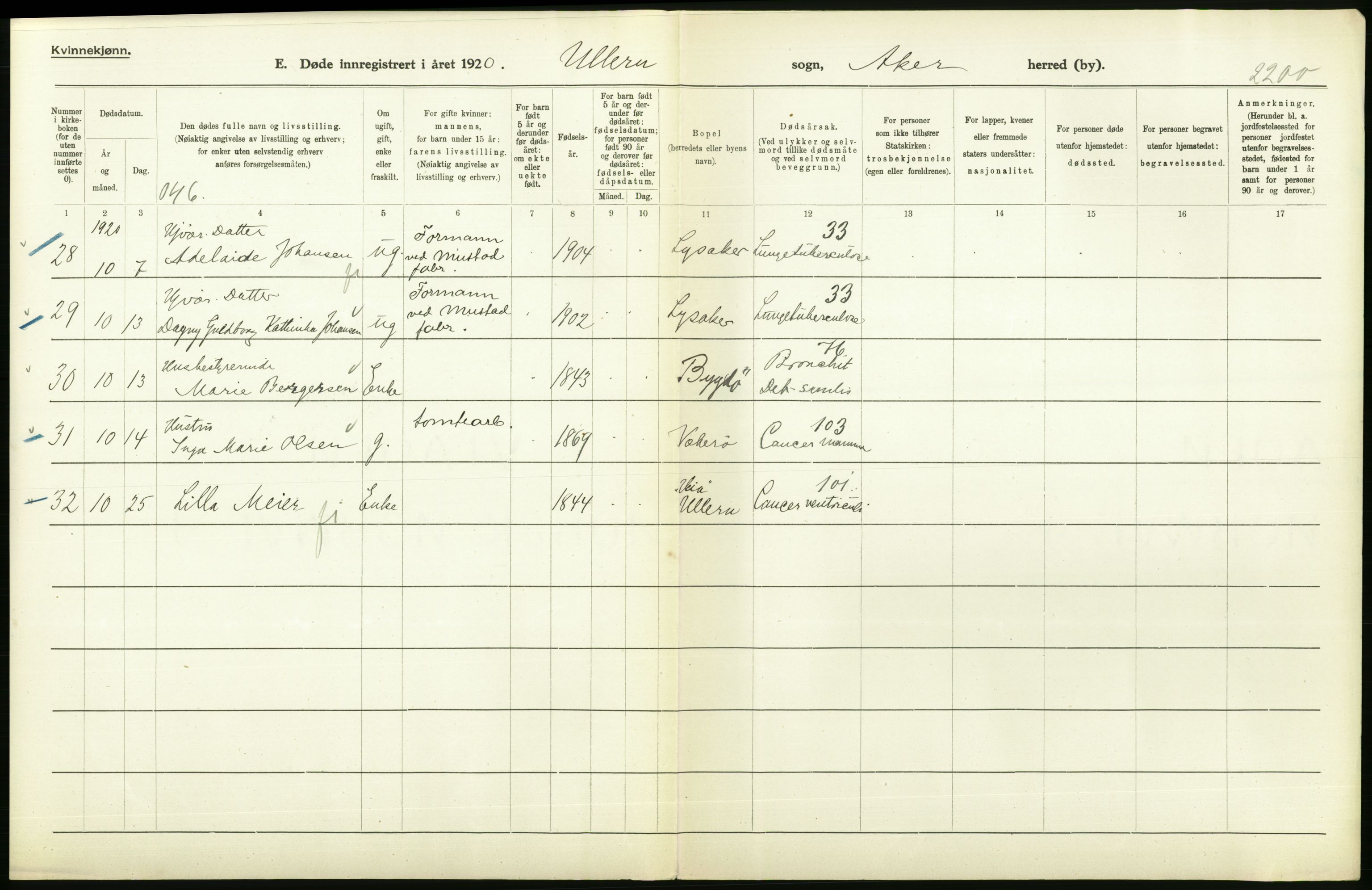 Statistisk sentralbyrå, Sosiodemografiske emner, Befolkning, AV/RA-S-2228/D/Df/Dfb/Dfbj/L0007: Akershus fylke: Døde. Bygder og byer., 1920, p. 288