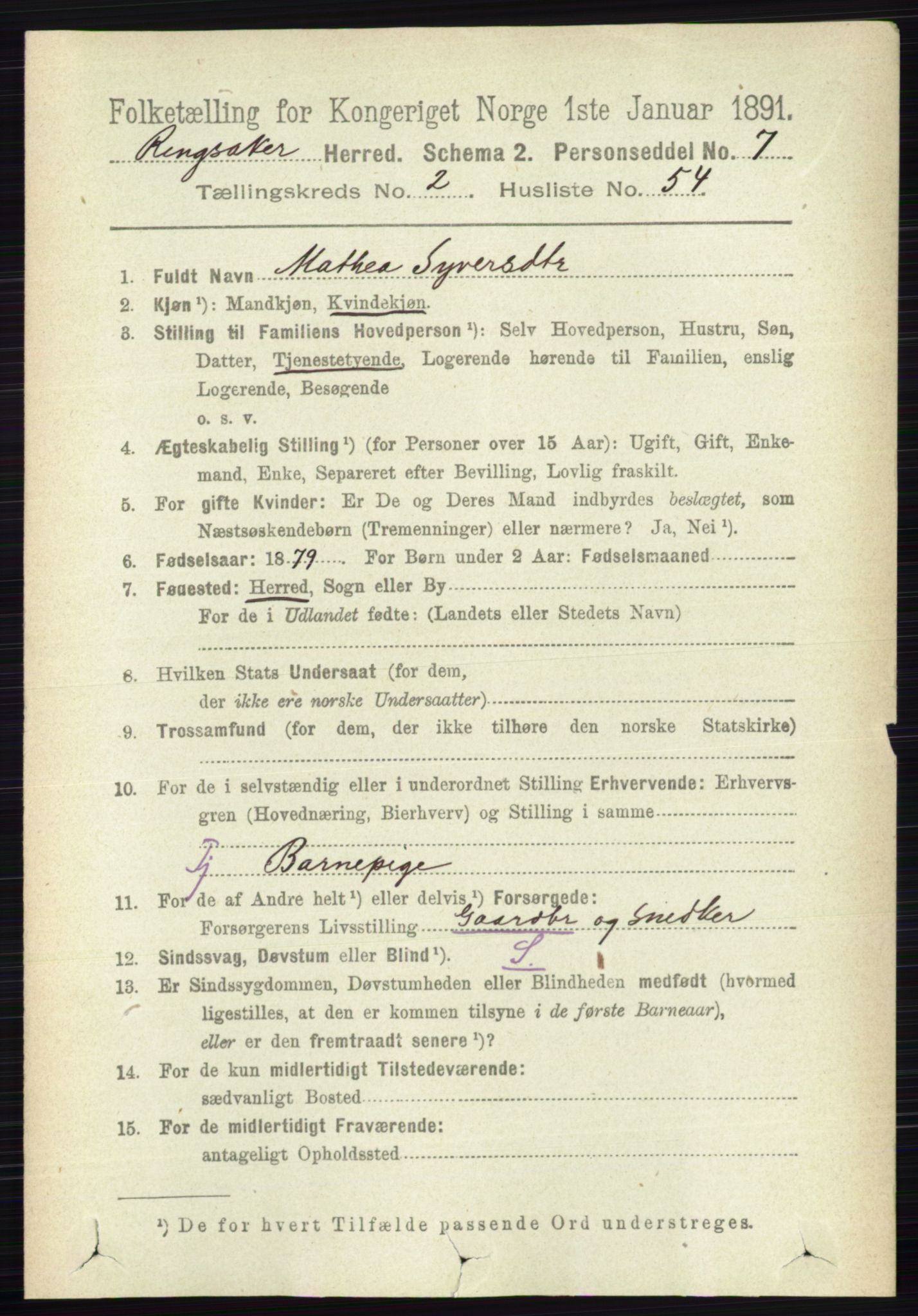 RA, 1891 census for 0412 Ringsaker, 1891, p. 1116