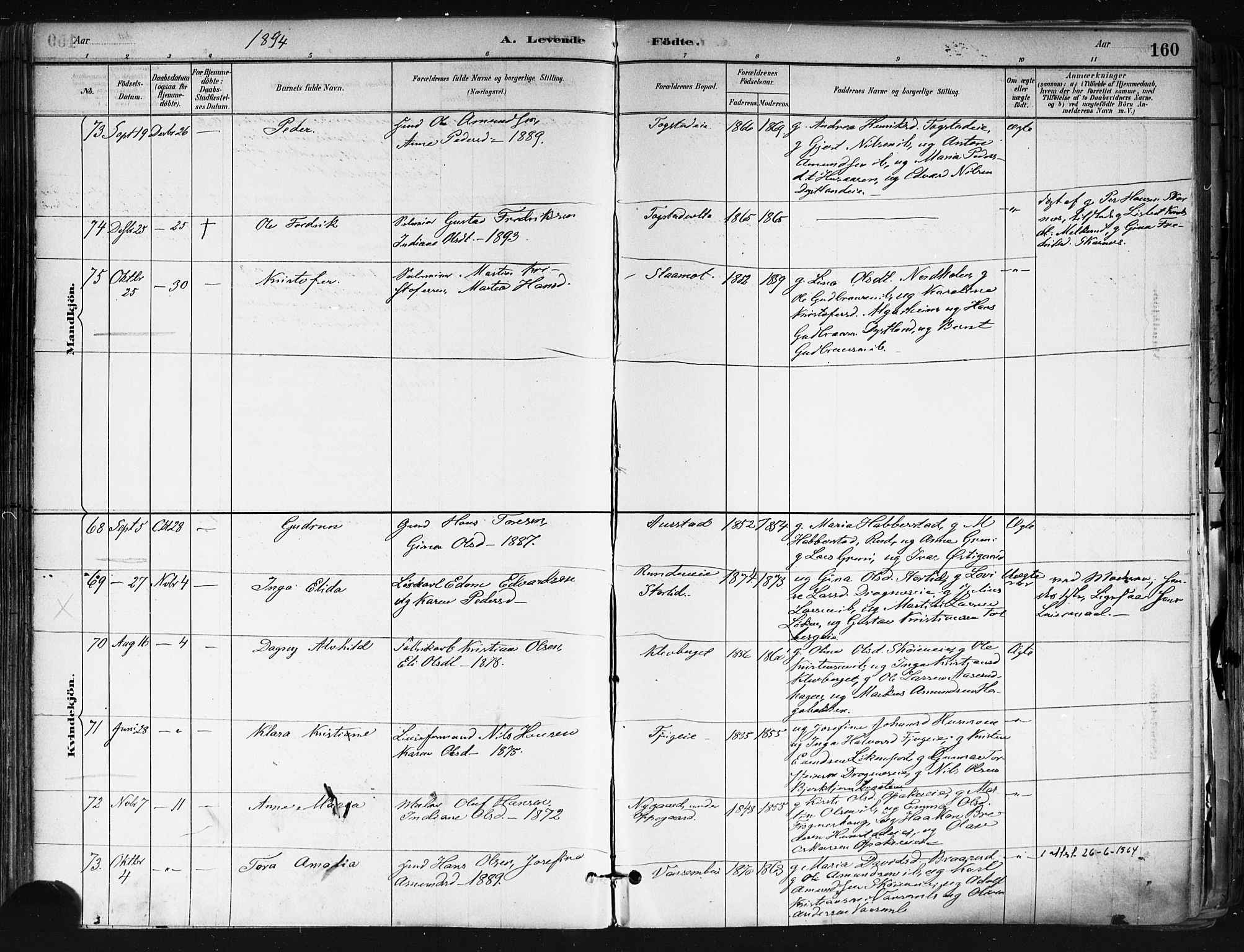 Nes prestekontor Kirkebøker, AV/SAO-A-10410/F/Fa/L0010: Parish register (official) no. I 10, 1883-1898, p. 160