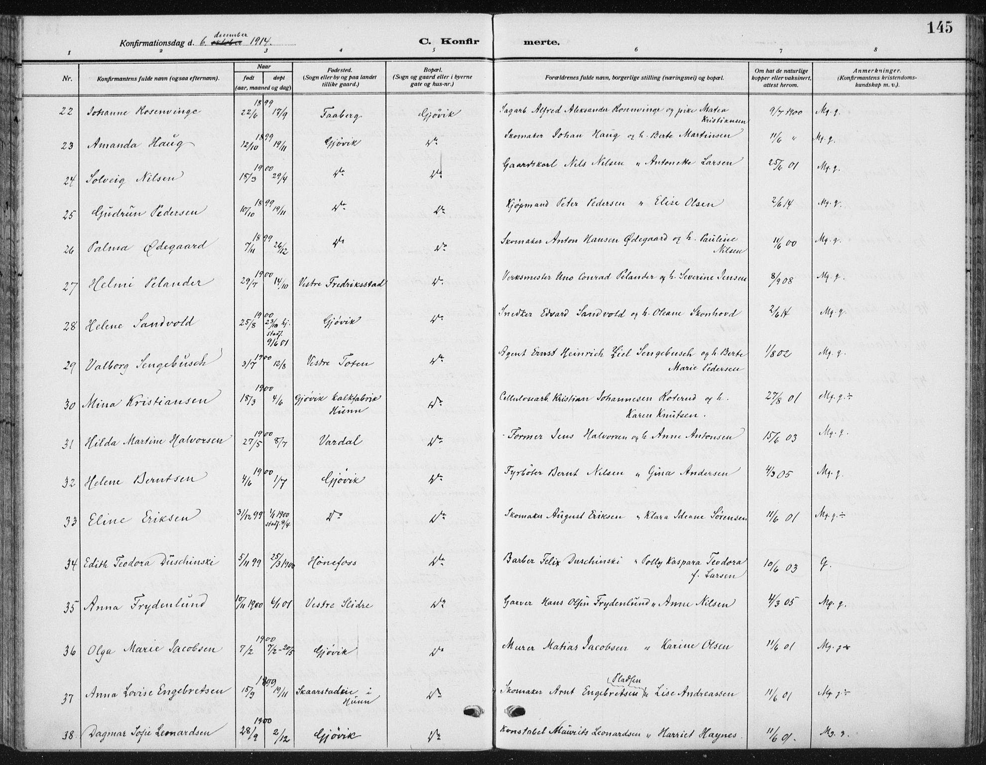 Vardal prestekontor, AV/SAH-PREST-100/H/Ha/Haa/L0014: Parish register (official) no. 14, 1912-1922, p. 145