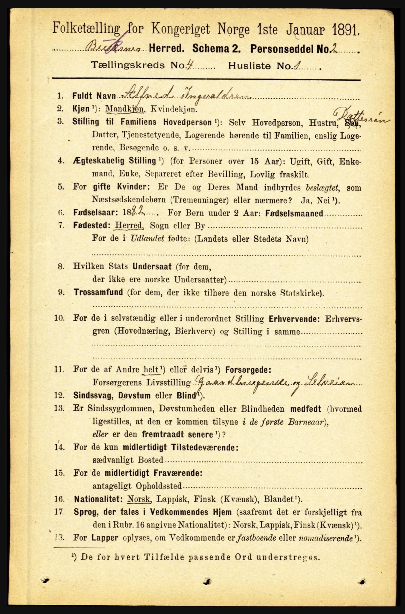 RA, 1891 census for 1860 Buksnes, 1891, p. 3017