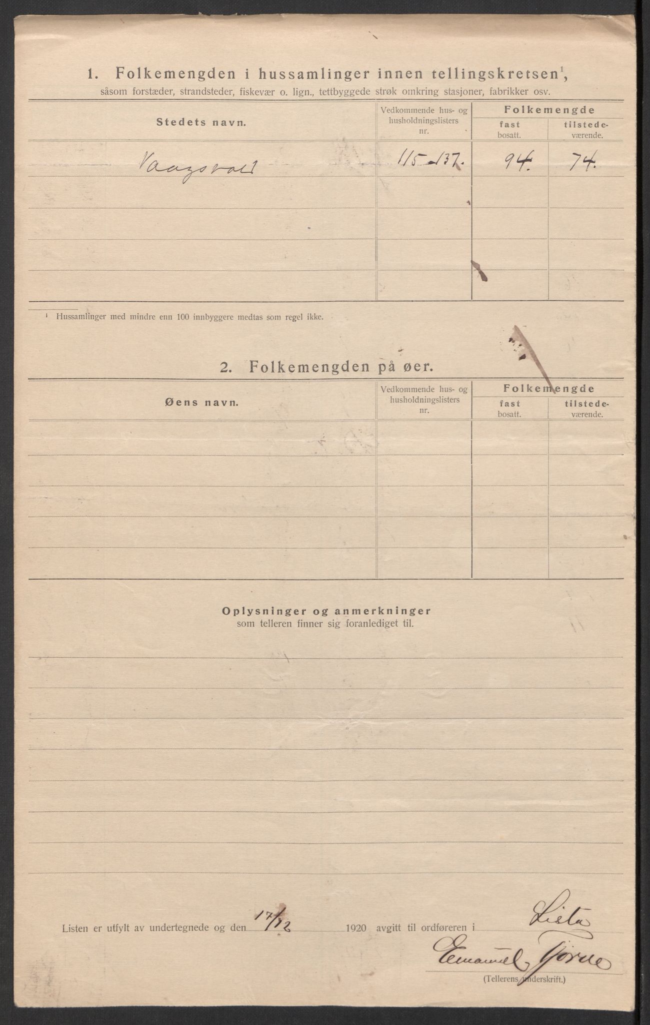 SAK, 1920 census for Lista, 1920, p. 44