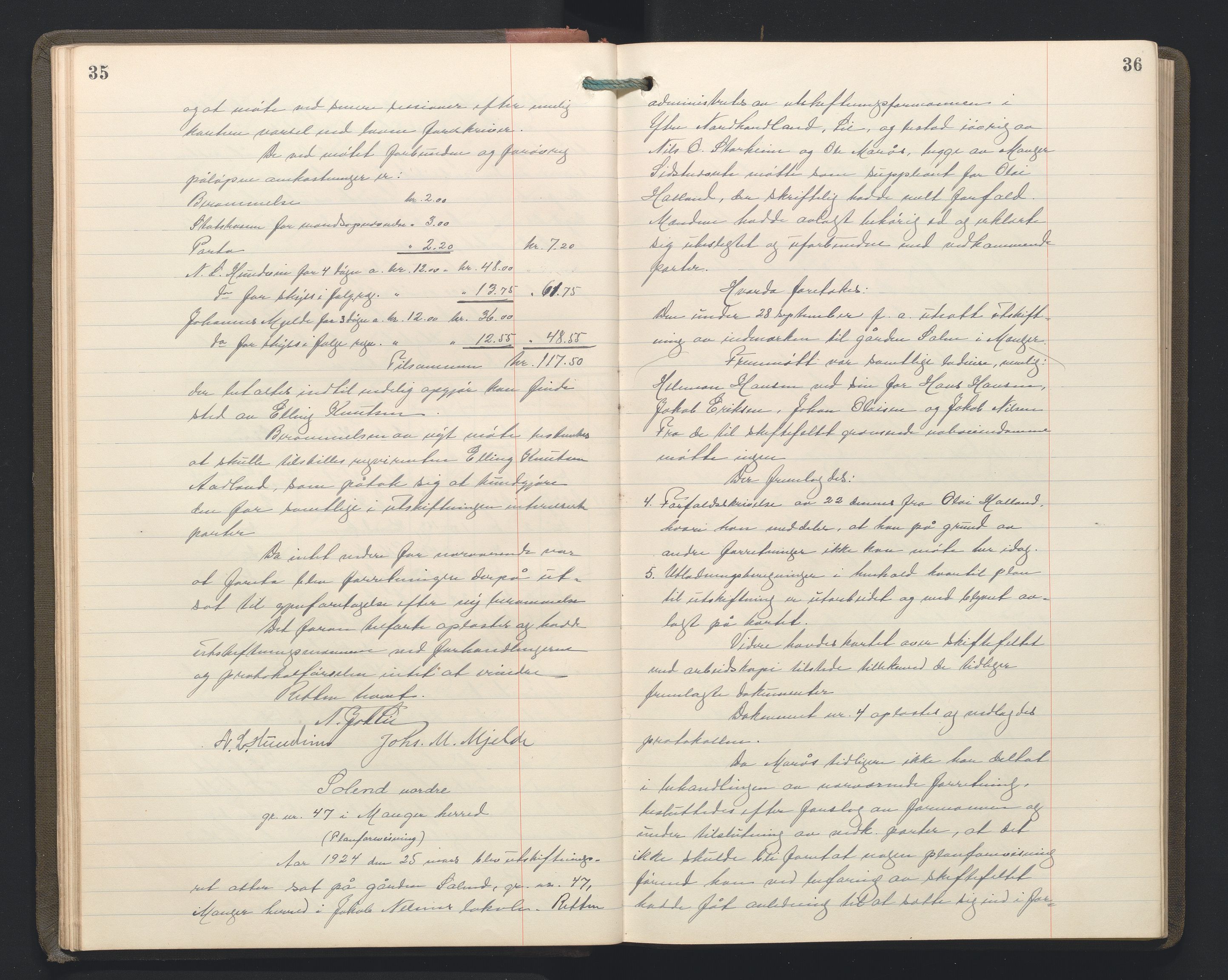 Hordaland jordskiftedøme - II Ytre Nordhordland jordskiftedistrikt, AV/SAB-A-6901/A/Aa/L0034: Forhandlingsprotokoll, 1923-1925, p. 35-36
