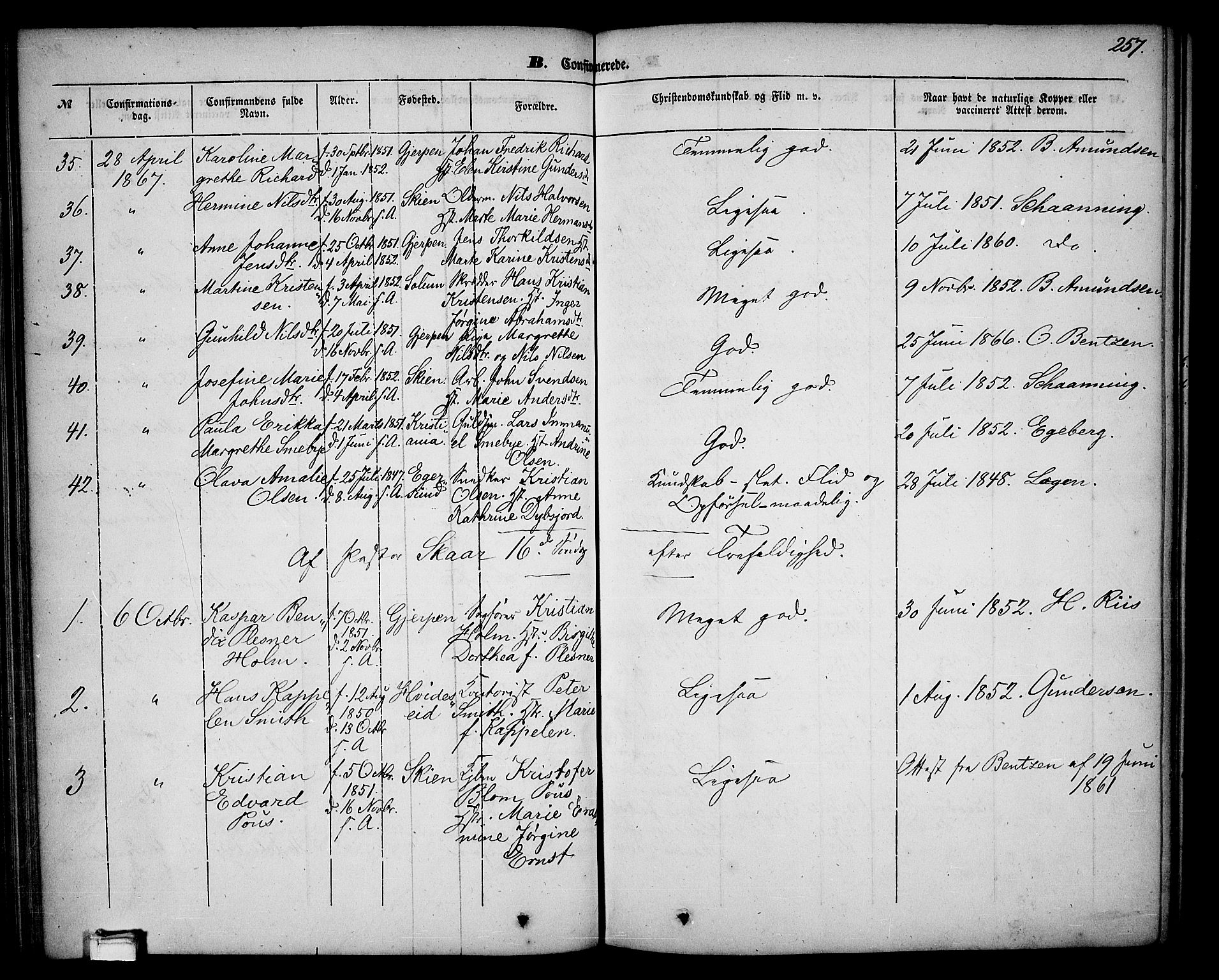 Skien kirkebøker, AV/SAKO-A-302/G/Ga/L0004: Parish register (copy) no. 4, 1843-1867, p. 257