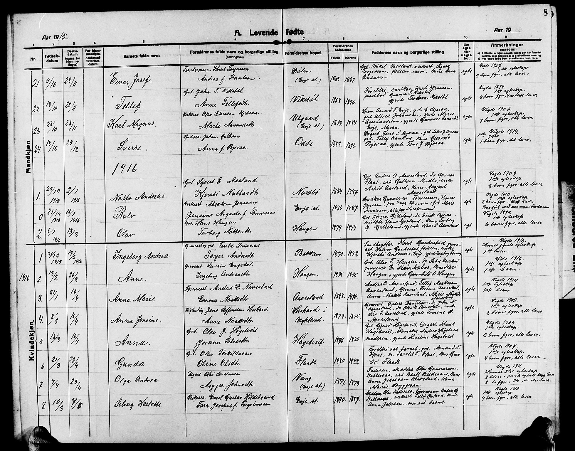 Evje sokneprestkontor, AV/SAK-1111-0008/F/Fb/Fba/L0005: Parish register (copy) no. B 5, 1914-1926, p. 8