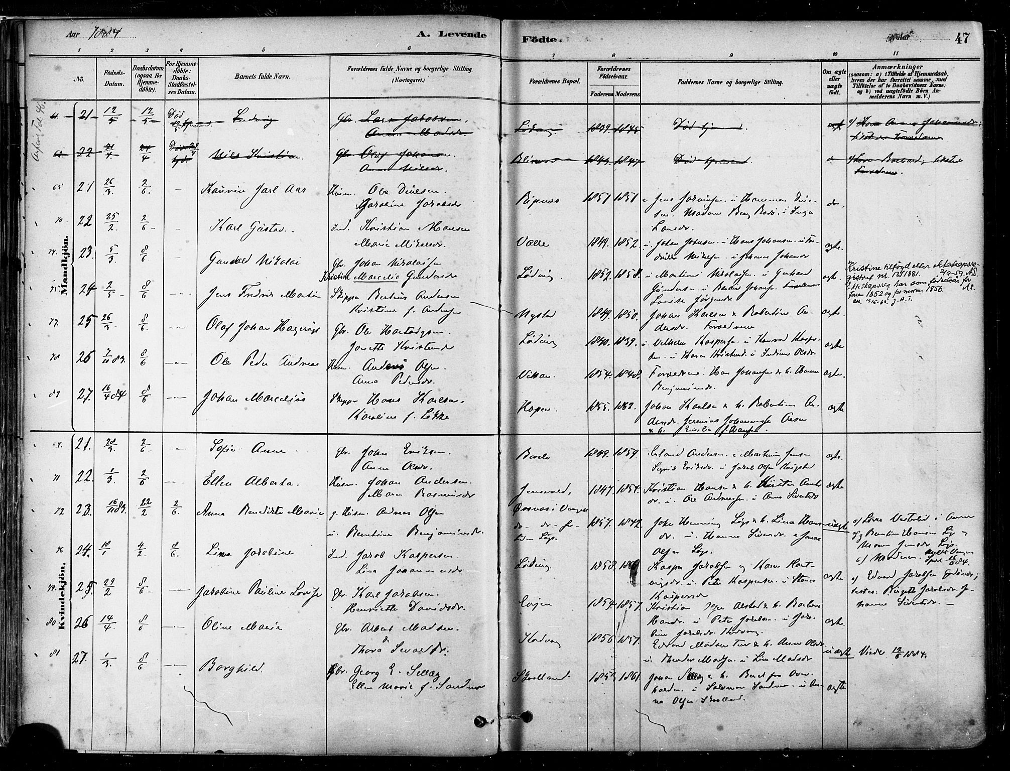 Ministerialprotokoller, klokkerbøker og fødselsregistre - Nordland, AV/SAT-A-1459/802/L0054: Parish register (official) no. 802A01, 1879-1893, p. 47