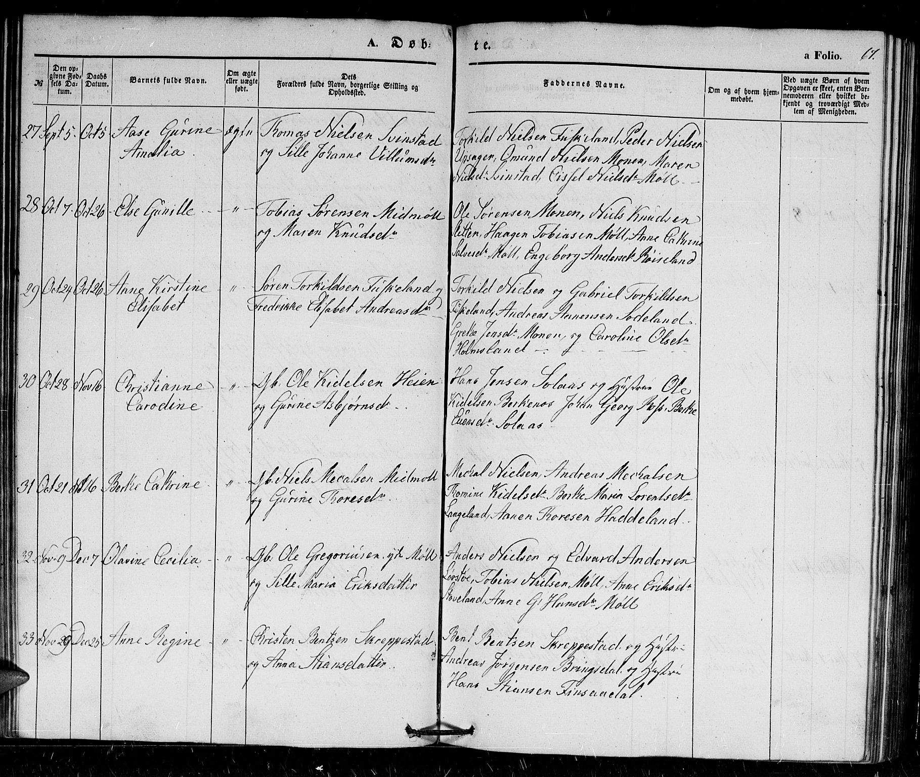 Holum sokneprestkontor, SAK/1111-0022/F/Fb/Fba/L0003: Parish register (copy) no. B 3, 1850-1866, p. 67