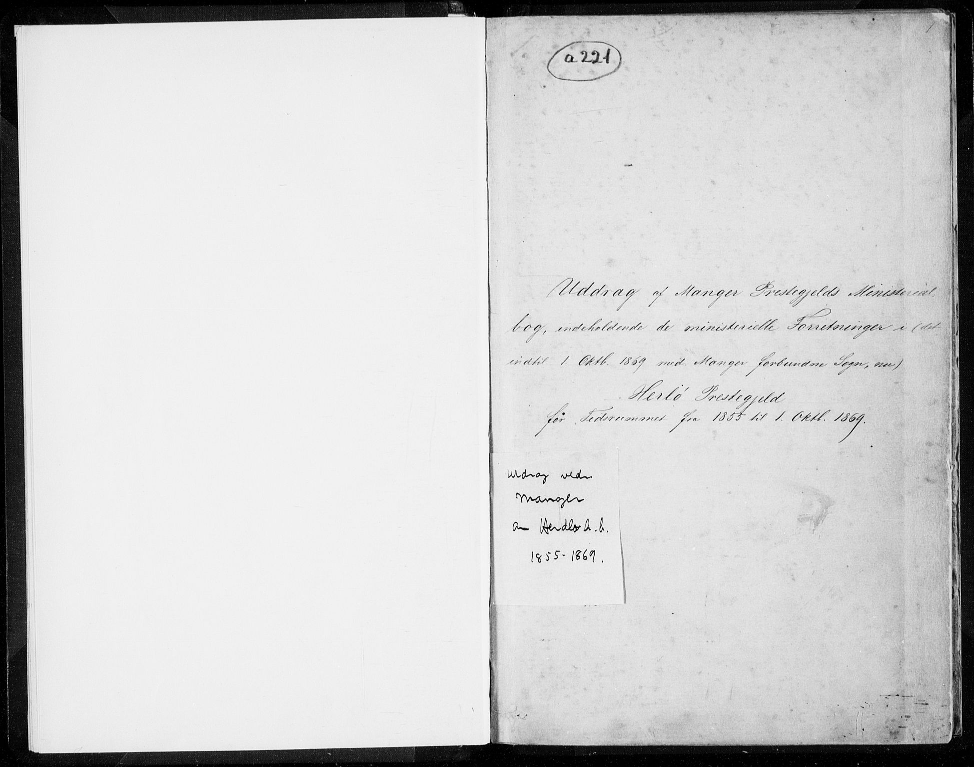 Herdla Sokneprestembete, SAB/A-75701/H/Haa: Parish register (official) no. A 1, 1855-1869, p. 1
