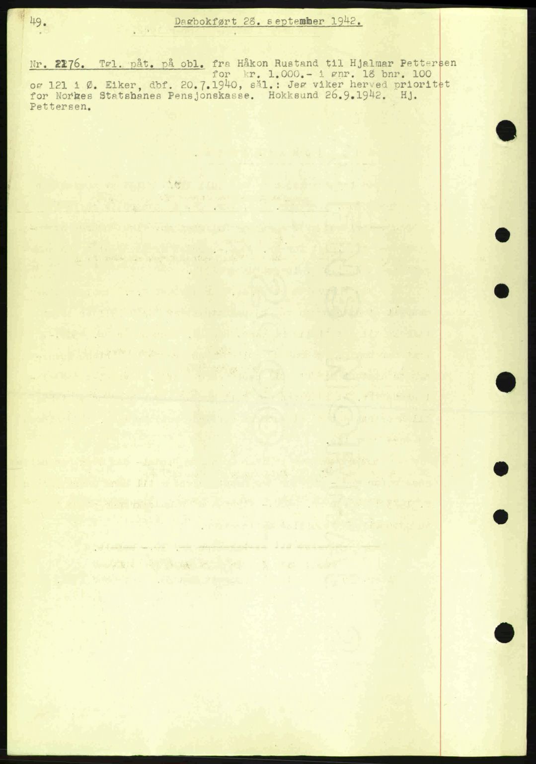 Eiker, Modum og Sigdal sorenskriveri, SAKO/A-123/G/Ga/Gab/L0047: Mortgage book no. A17, 1942-1943, Diary no: : 2176/1942