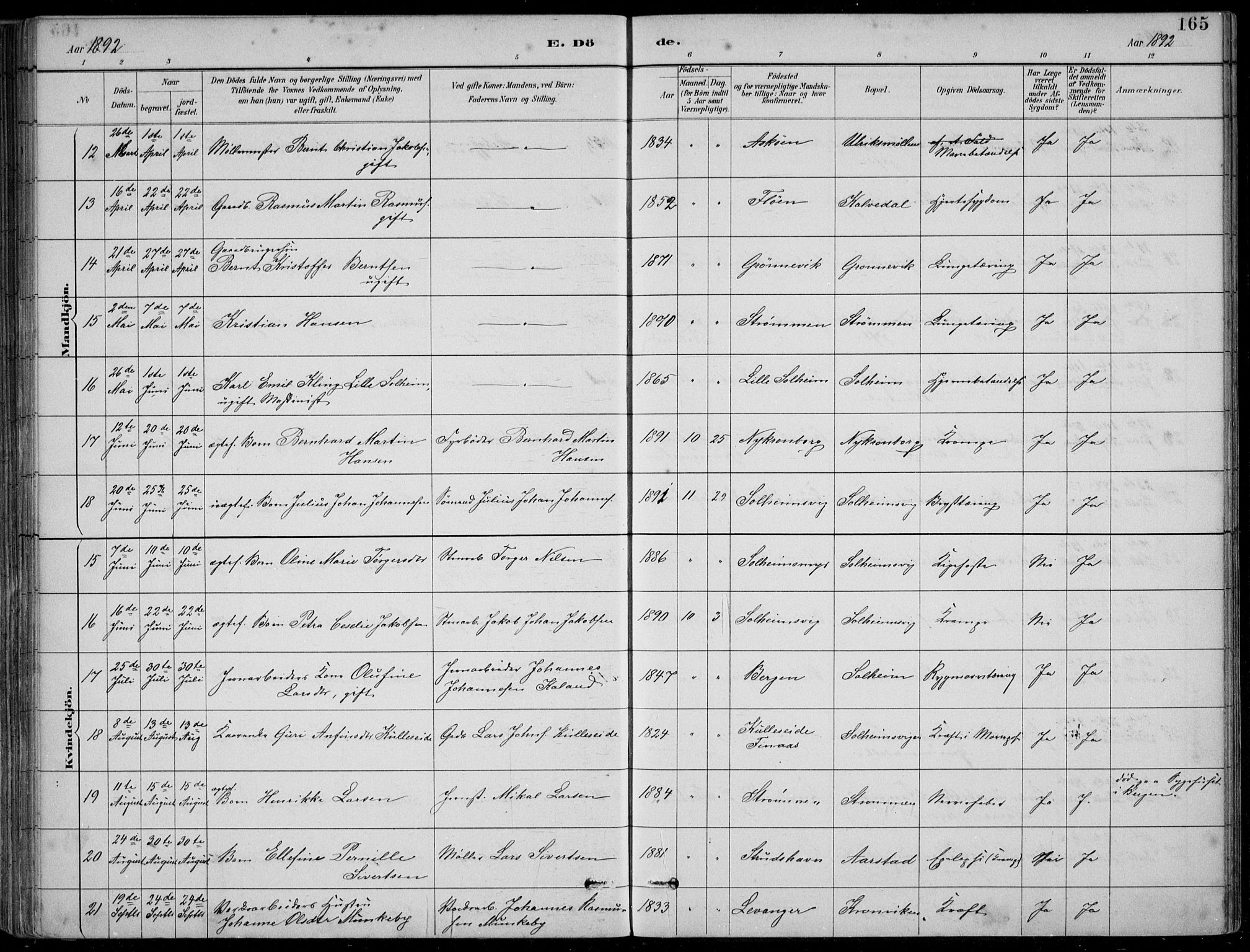 Årstad Sokneprestembete, AV/SAB-A-79301/H/Hab/L0011: Parish register (copy) no. B 1, 1886-1901, p. 165