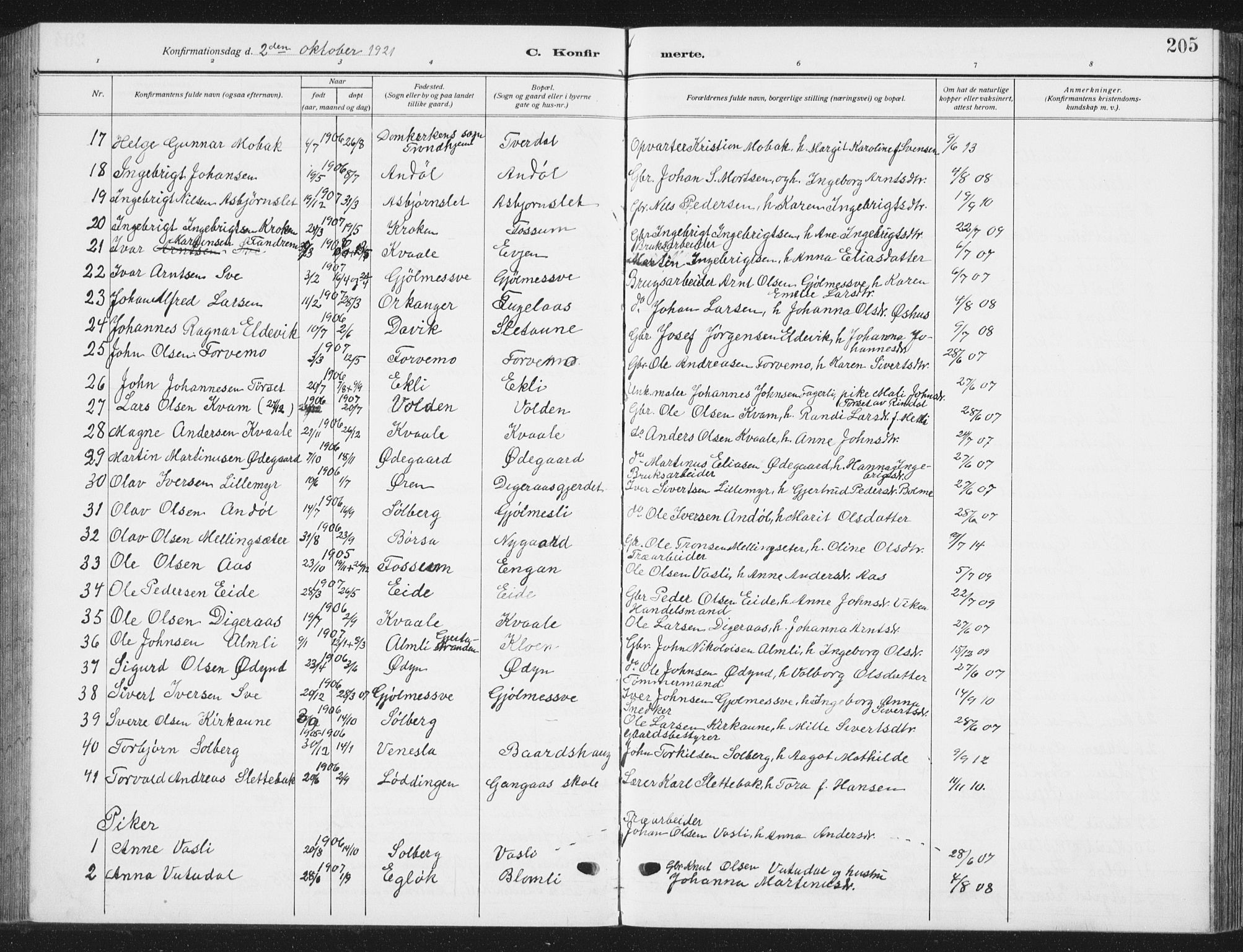 Ministerialprotokoller, klokkerbøker og fødselsregistre - Sør-Trøndelag, SAT/A-1456/668/L0820: Parish register (copy) no. 668C09, 1912-1936, p. 205