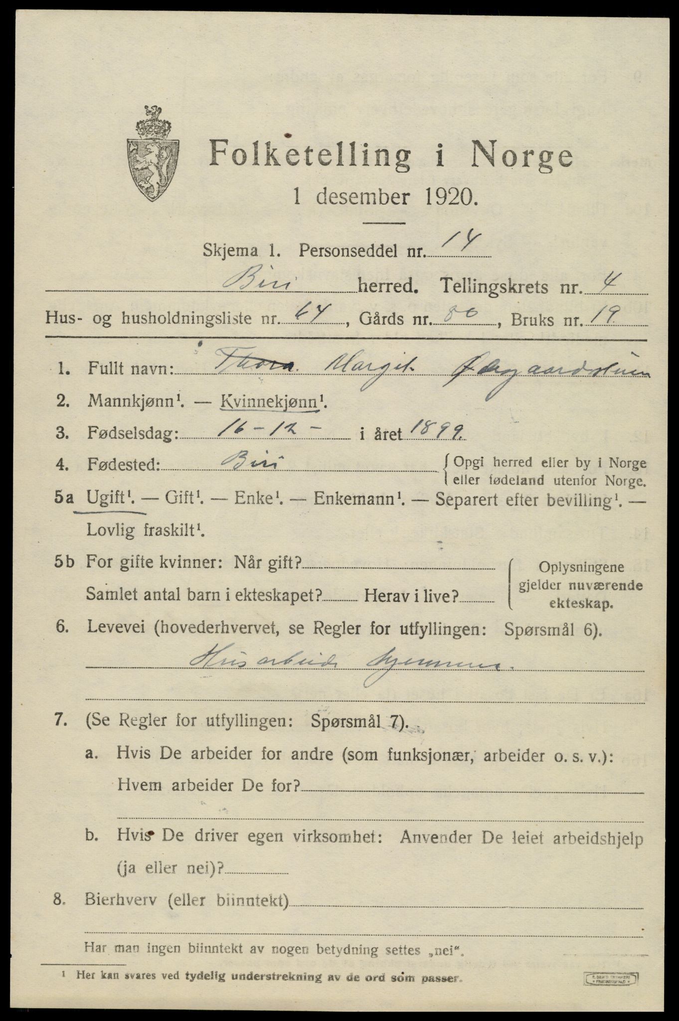 SAH, 1920 census for Biri, 1920, p. 3809