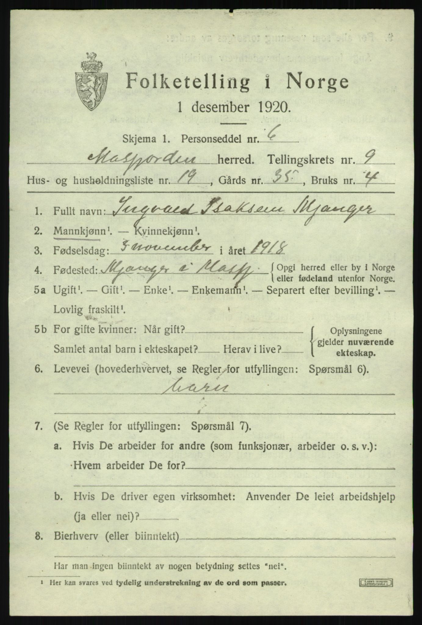 SAB, 1920 census for Masfjorden, 1920, p. 3661