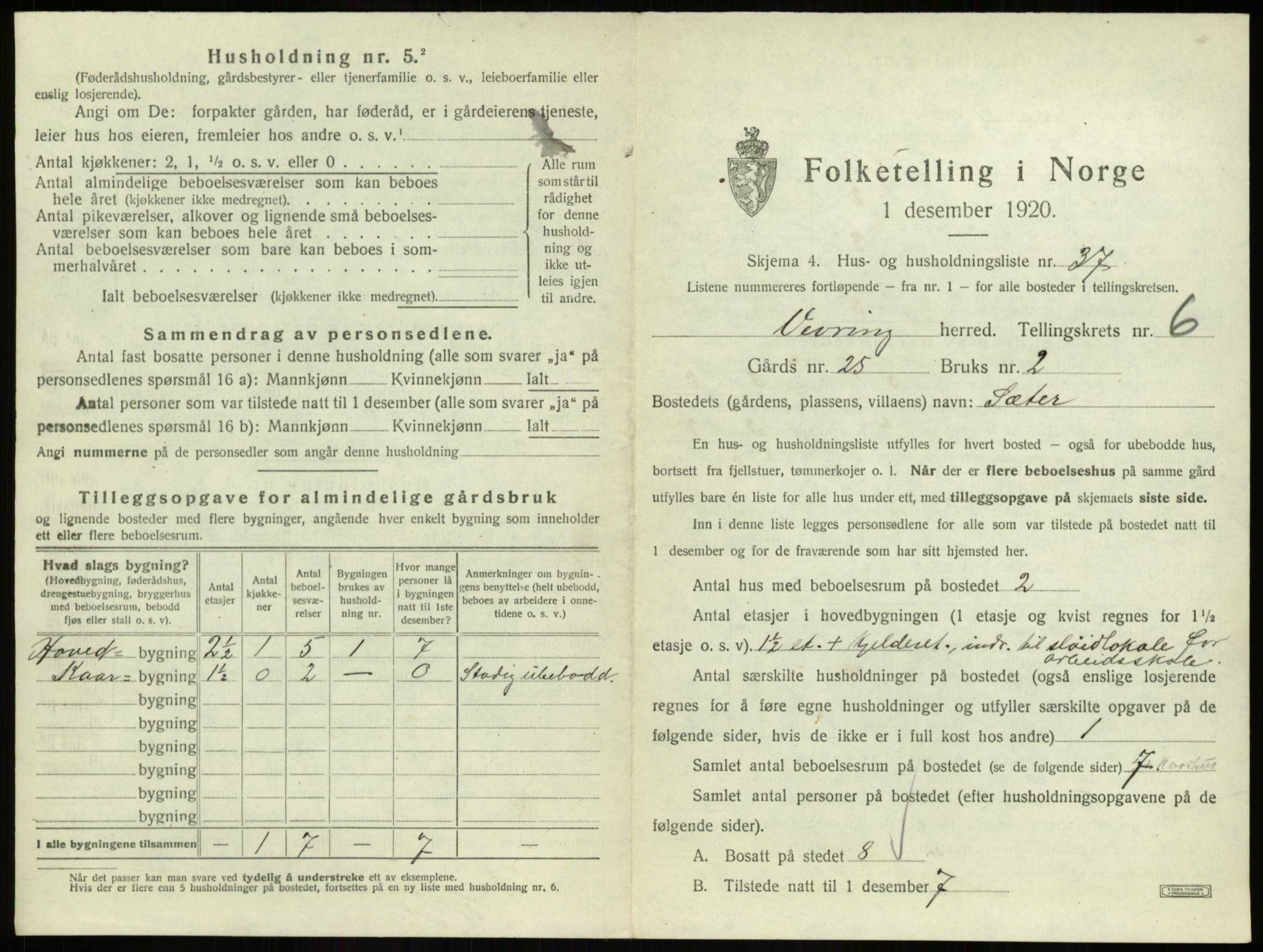 SAB, 1920 census for Vevring, 1920, p. 300