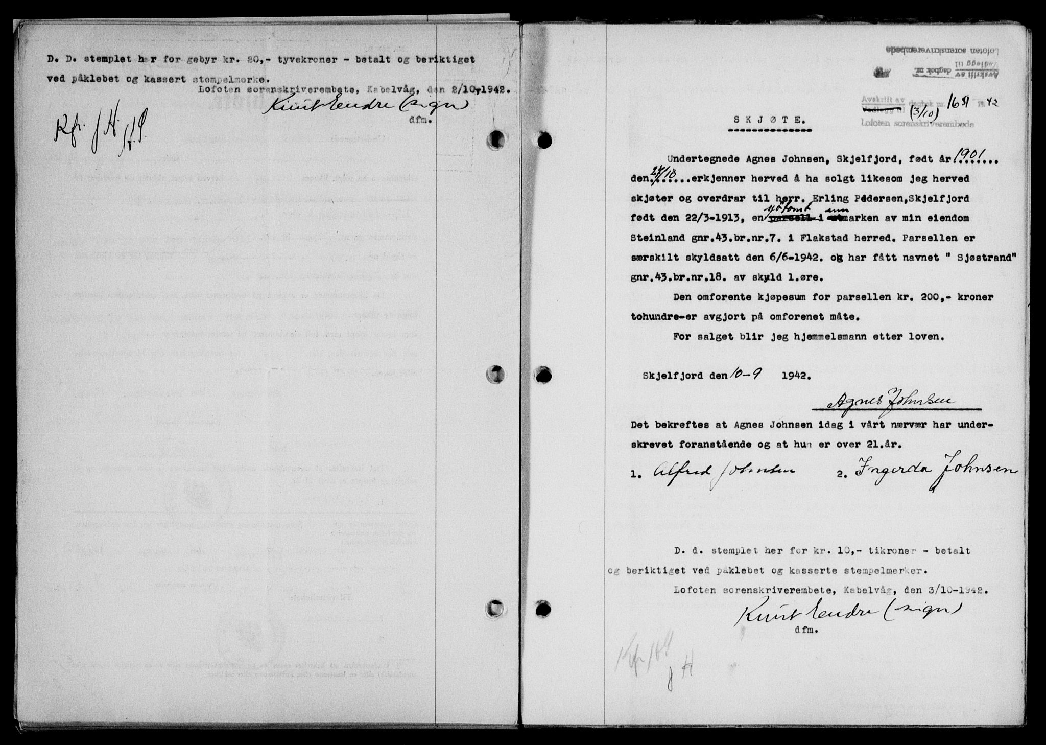 Lofoten sorenskriveri, SAT/A-0017/1/2/2C/L0010a: Mortgage book no. 10a, 1942-1943, Diary no: : 1651/1942