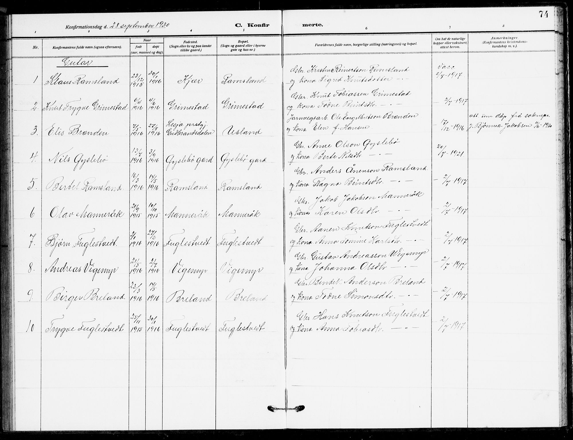 Holum sokneprestkontor, AV/SAK-1111-0022/F/Fb/Fbc/L0004: Parish register (copy) no. B 4, 1908-1930, p. 74